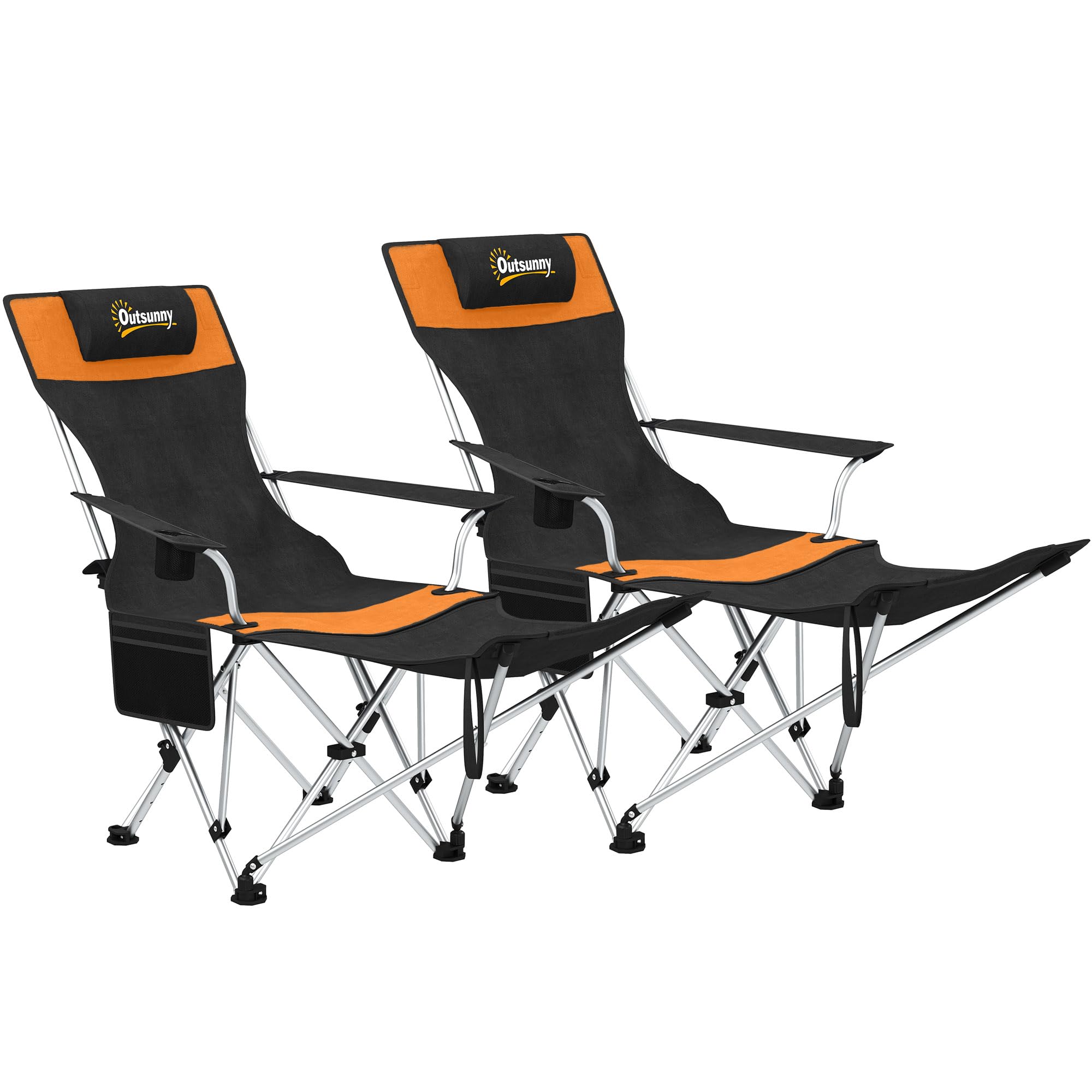 Outsunny Set of 2 Reclining Folding Camping Chair w/Detachable Footrest, Storage Bag, Cup Holder & Headrest, Lightweight Portable Camp Chair for Beach, Picnic, Orange and Black