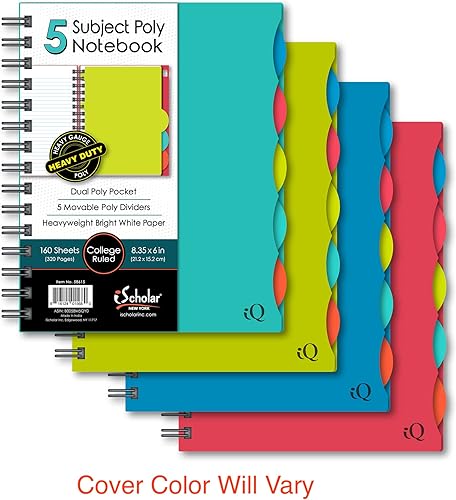 Miniatura 2 de iScholar Cuaderno de doble alambre con tapa de polietileno de 5 materias 835 x 6 pulgadas el color de la cubierta puede variar 58615 160 hojas
