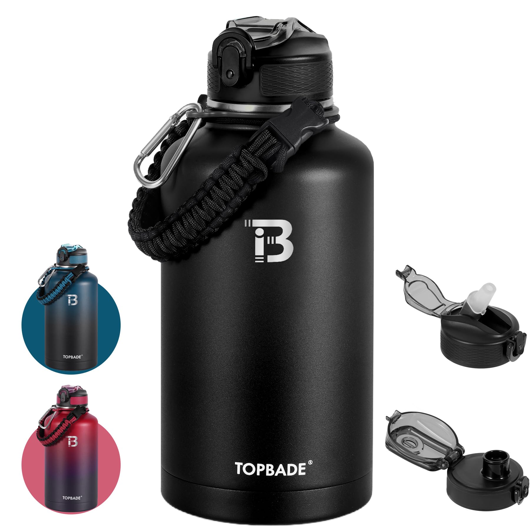 TOPBADE - Borraccia in acciaio inox, 1,9 L, isolata con 2 coperchi (con e senza cannuccia), senza BPA, in metallo, per palestra, bodybuilding, attività all'aperto