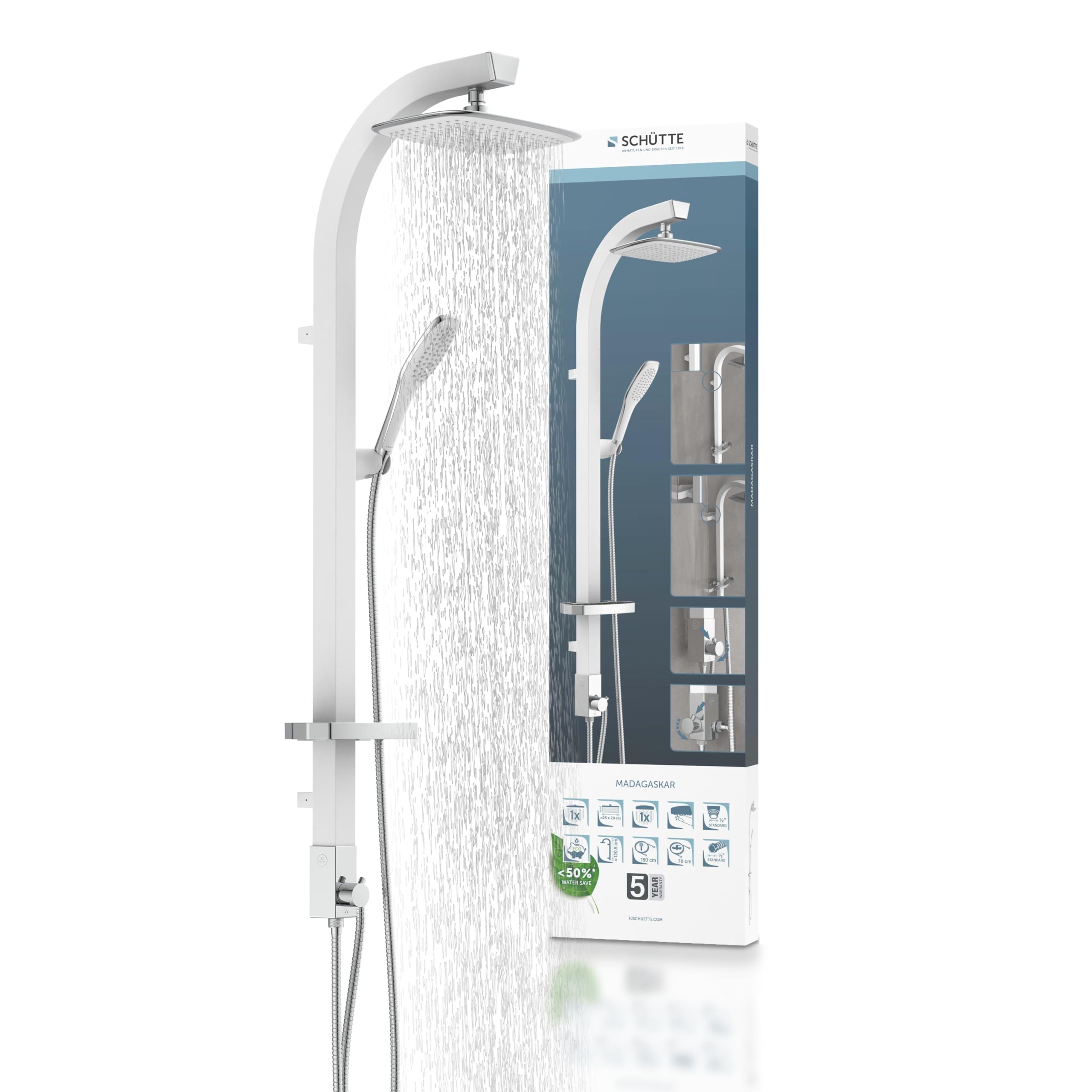 SCHÜTTE MADAGASKAR Regendusche mit Handbrause, Duschsystem in weiß mit praktischer Ablage und Wandhalterung, Duschset für Duscharmaturen, 120 cm