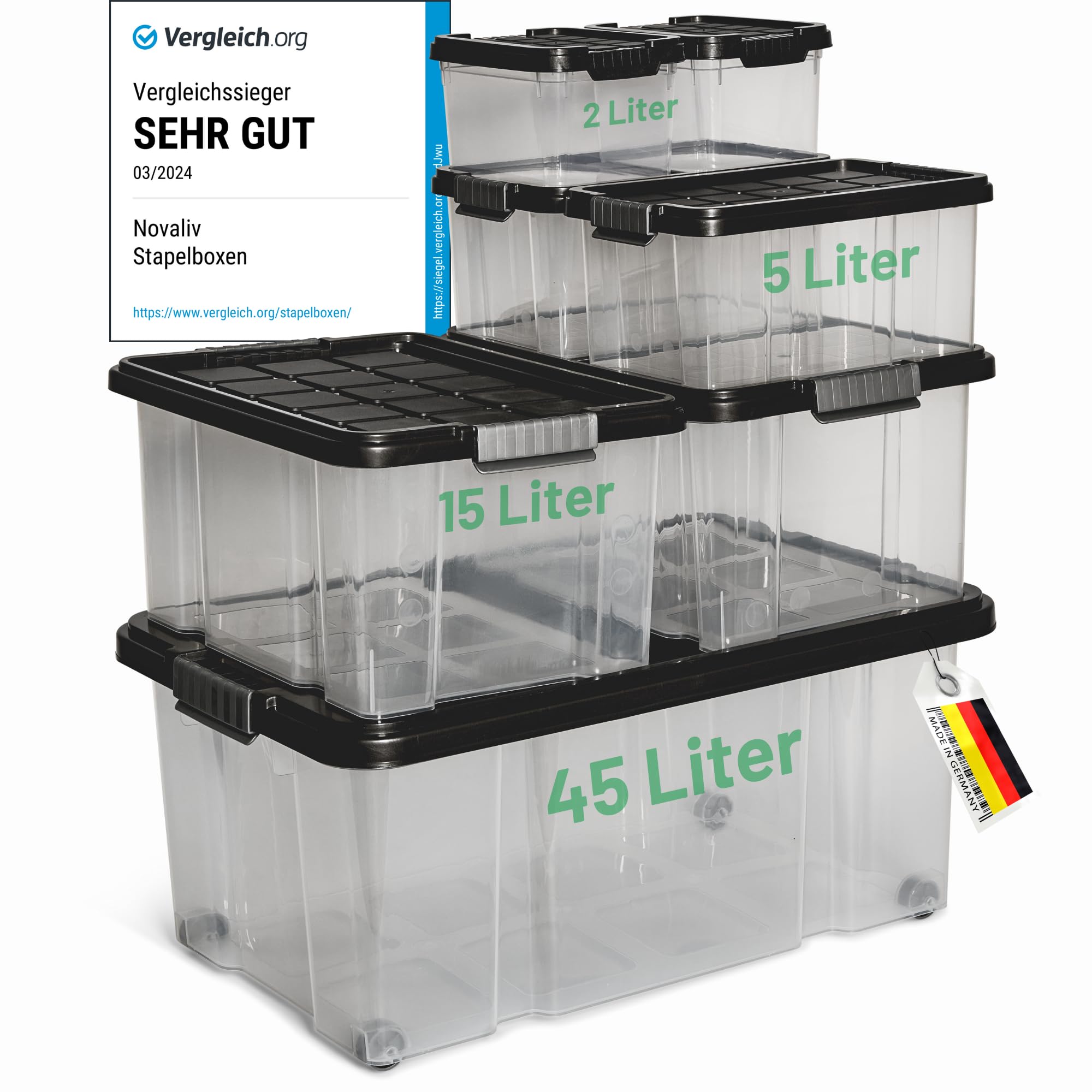 Novaliv - Set di 7 scatole portaoggetti con coperchio, colore antracite, 1 x 45 l, 2 x 15 l, 2 x 5 l, 2 x 2 l, impilabili, con chiusura a clip, senza BPA