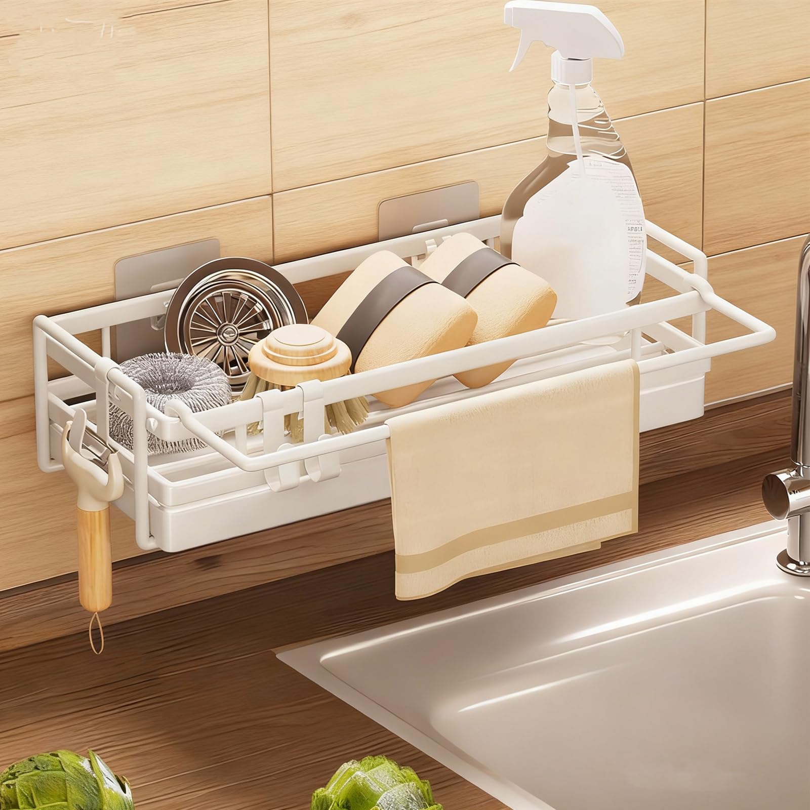 Organizzatore per Lavello Cucina in Acciaio Inox, Porta Spugne e Strofinacci con Vassoio di Drenaggio, Organizza Cucina senza Forare per Detersivo e Utensili, Montaggio a Parete