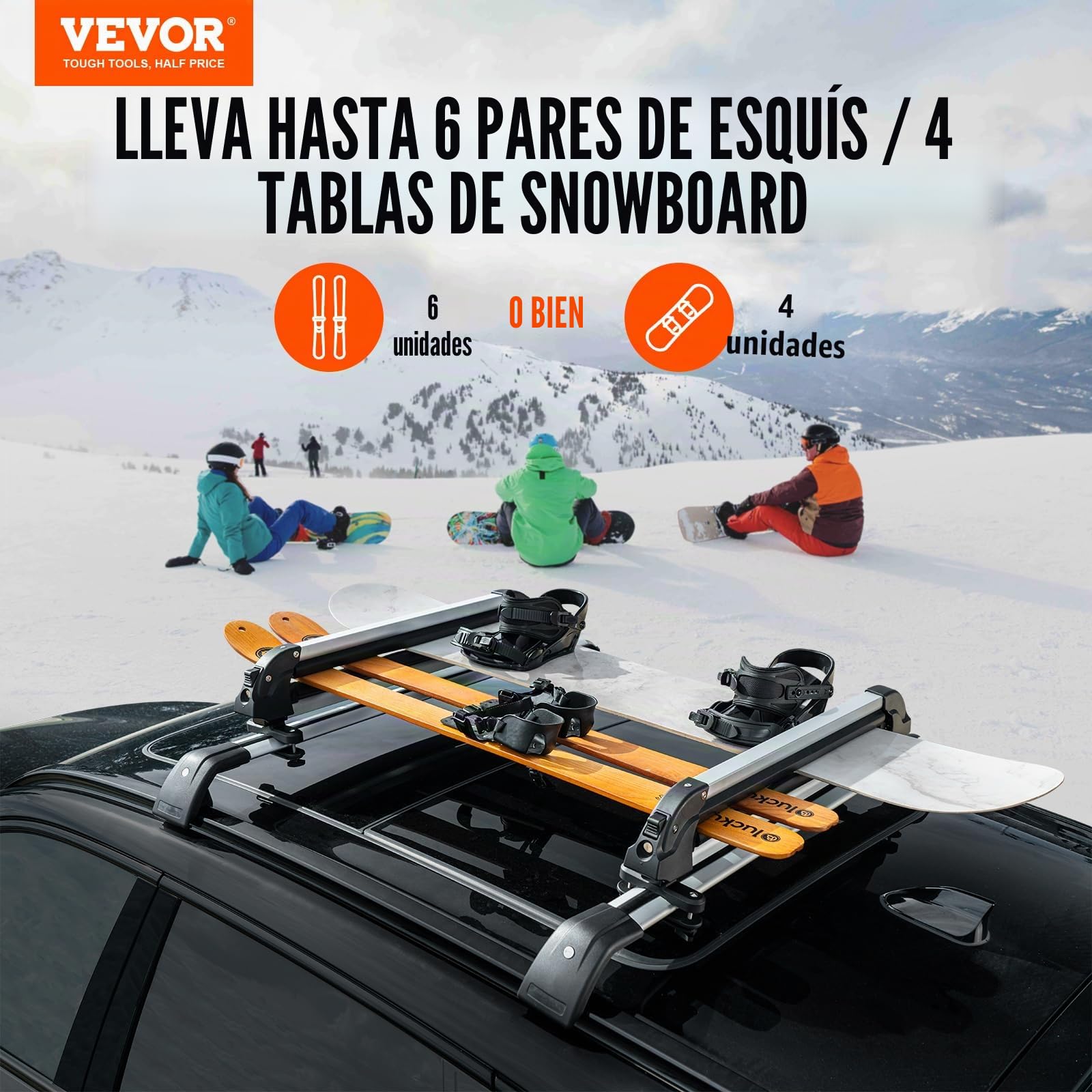 VEVOR Portaequipajes universal para coche, se adapta a la mayoría de barras transversales, lleva hasta 6 pares de esquís o 4 tablas de snowboard, soporte de aluminio para snowboard con bloqueo y
