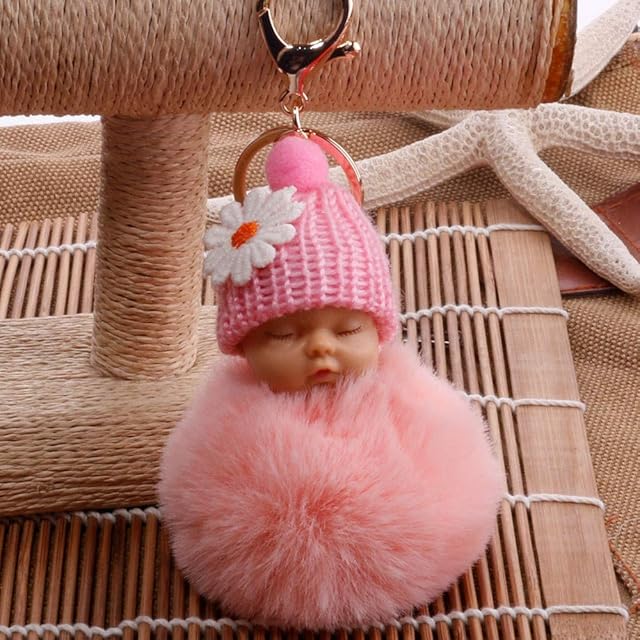 jieGorge Cute Fur Fluffy PomPom Sleeping Baby Doll Key Chains Keyrings Bags Charm Pendant, Keychains, Products for Xmas Day (Pink)