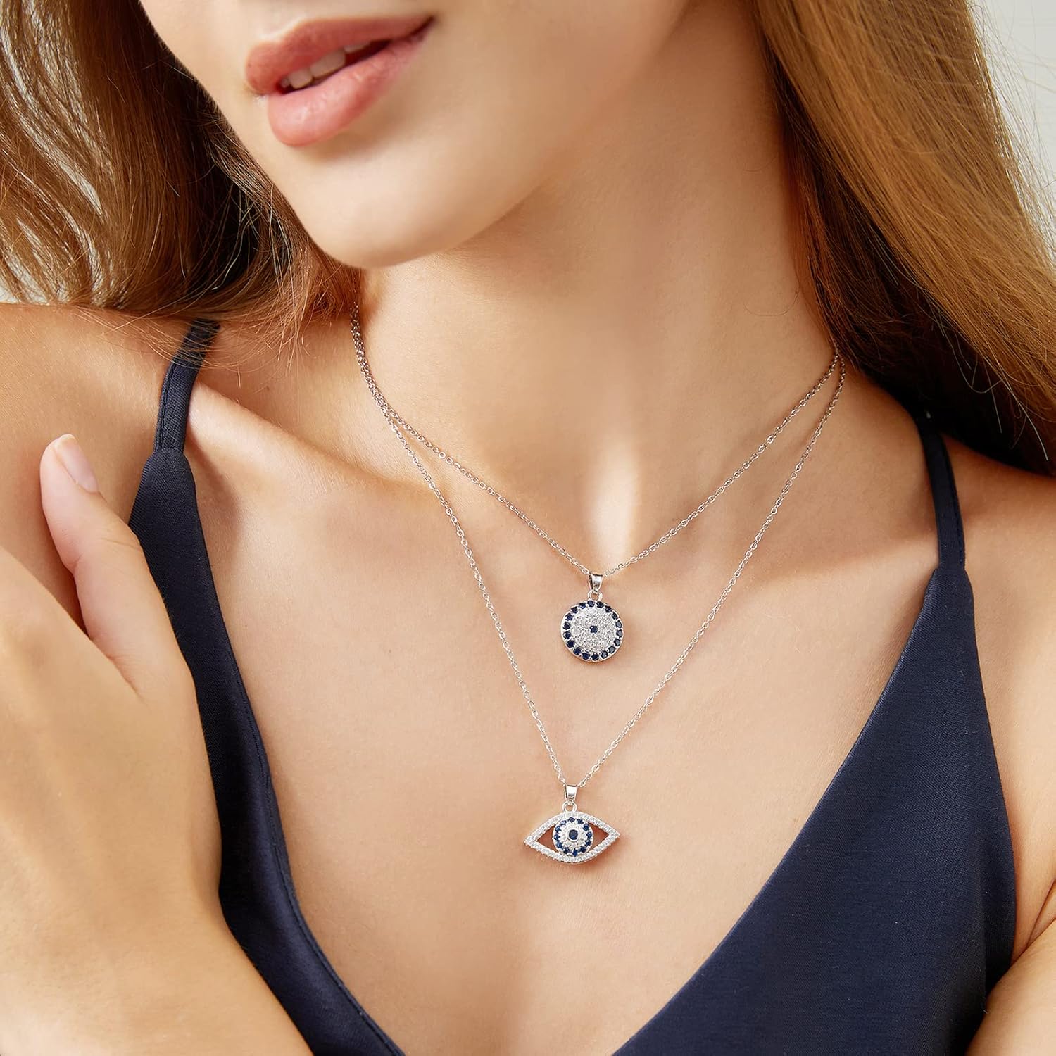 Evil Eye Necklace Layered Necklaces for Women, 2Pcs 18K Gold Plated Dainty Evil Eye Choker Pendant Necklace Handmade Evil Eye Jewelry Protection Gifts - Image 2