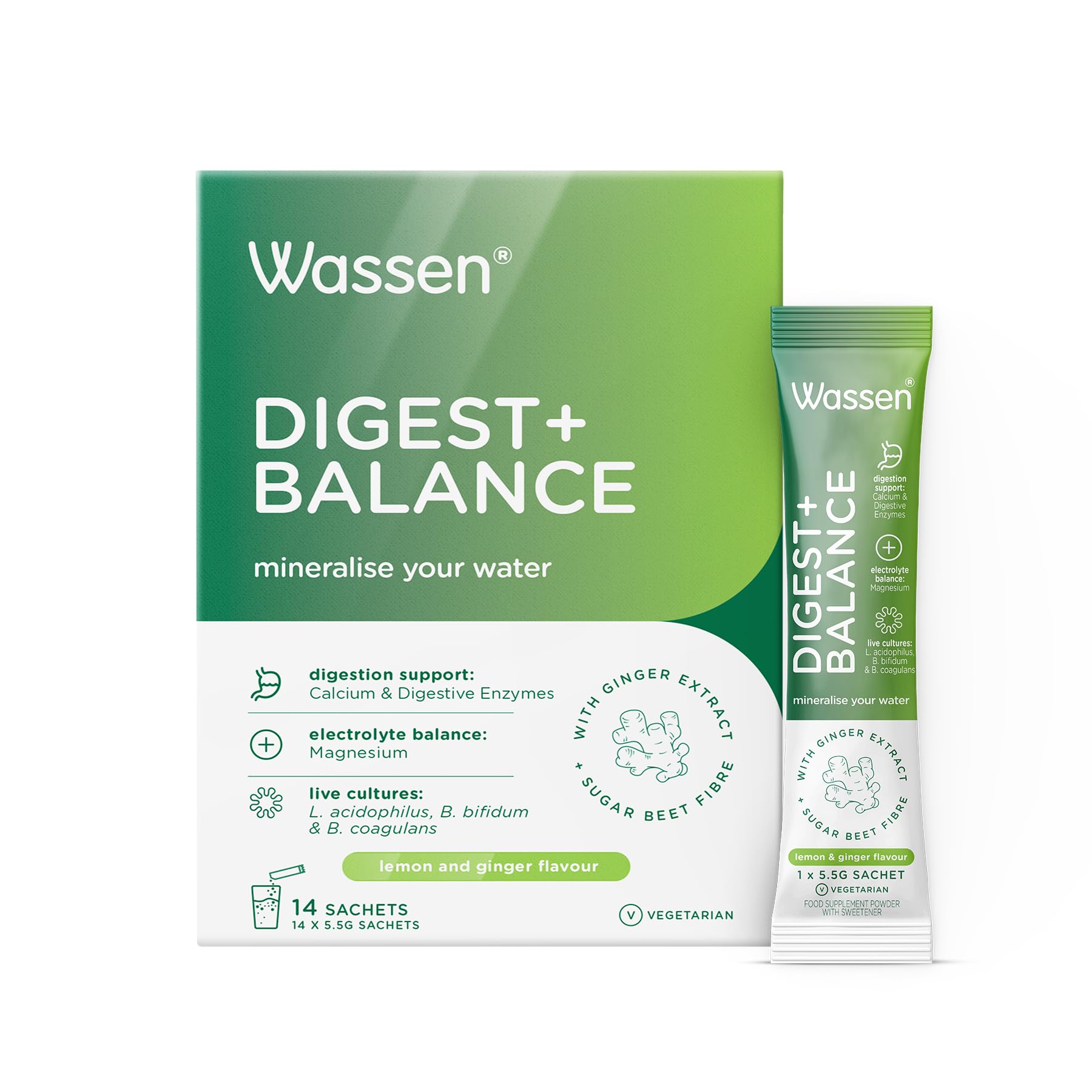 WassenDigest + Balance Digestive Enzyme Supplements |14 Lemon & Ginger Sachets | Magnesium Powder Electrolyte Sachets | Calcium Helps With Normal Function Of Digestive Enzymes |Gut Health Supplements