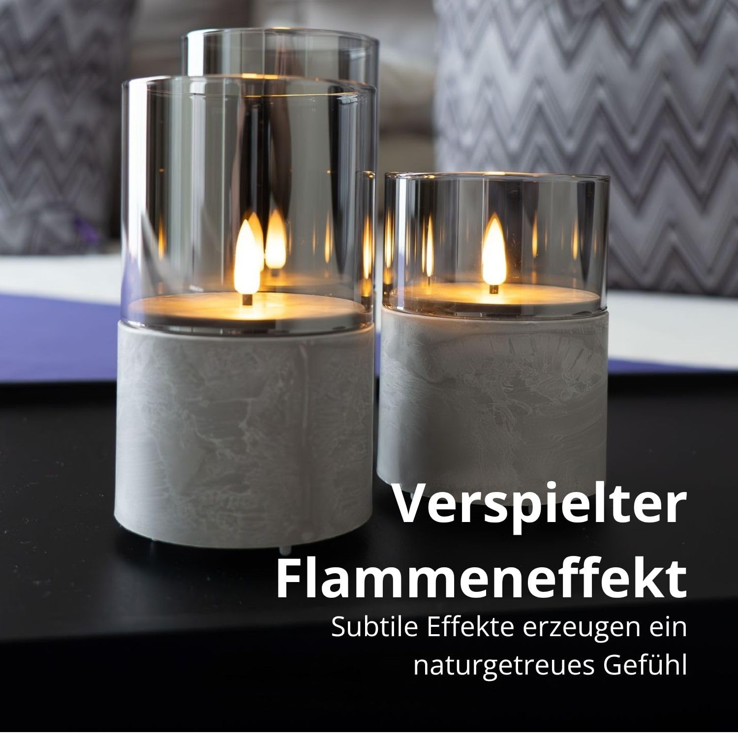 FLINQ Wiederaufladbare LED Kerzen mit Bewegender Flamme – 3er Set im Stone Look mit Fernbedienung, Timer & Dimmfunktion – Echtwachs Optik, Flackernde Flamme