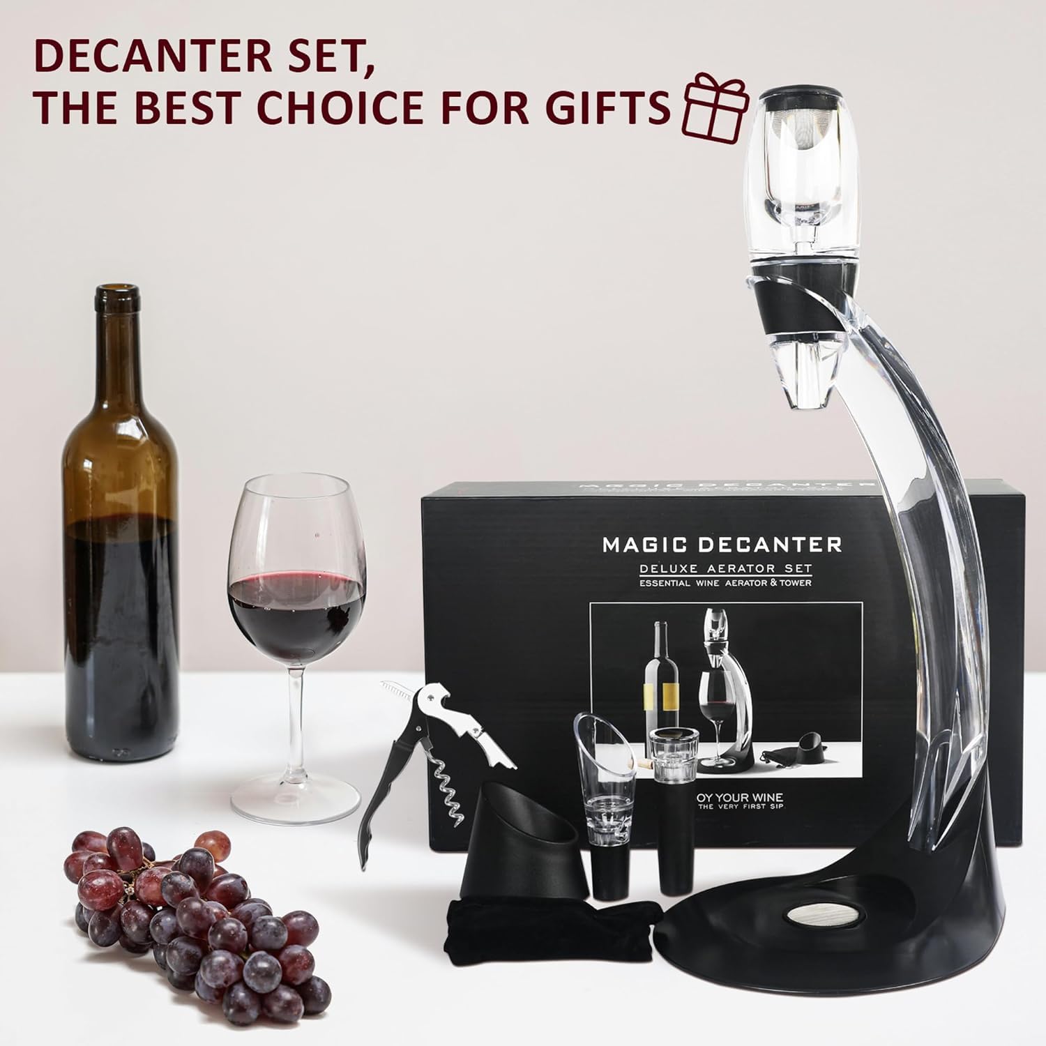 Gimars Aeratore per Vino Rosso,Ossigenatore Decanter con Supporto per Vino,Aerazione Istantanea per Vino,Set di Accessori da Vino con Tappi Versatore Cavatappi,Decanter del Vino con Filtro
