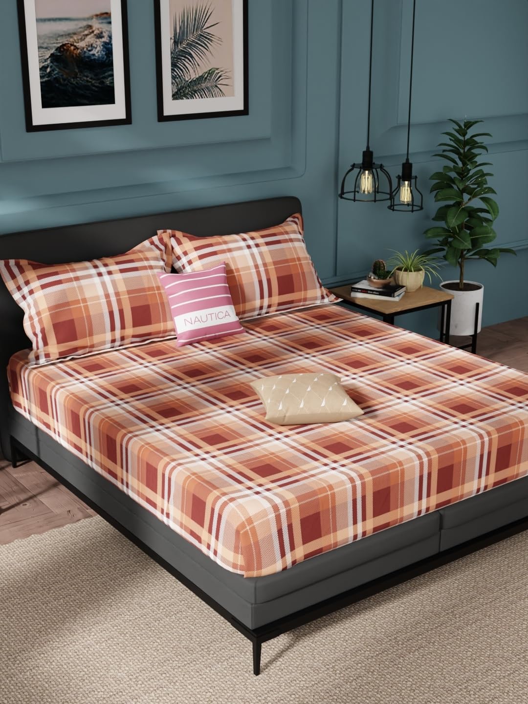 NAUTICA 100% Pure Cotton Double Bedsheet with 2 Pillow Covers -3pc Set (American Classics) Checks-Brown