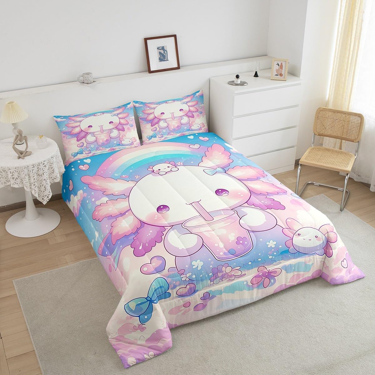 Feelyou Cute Axolotl Comforter Set Toddler Size Rainbow Print Quilt Set Kawaii Animal Theme Bedding Comforters 2pcs for Kids Teens Room Decor,Milk Tea Soft Duvet Set with 1 Pillowcase