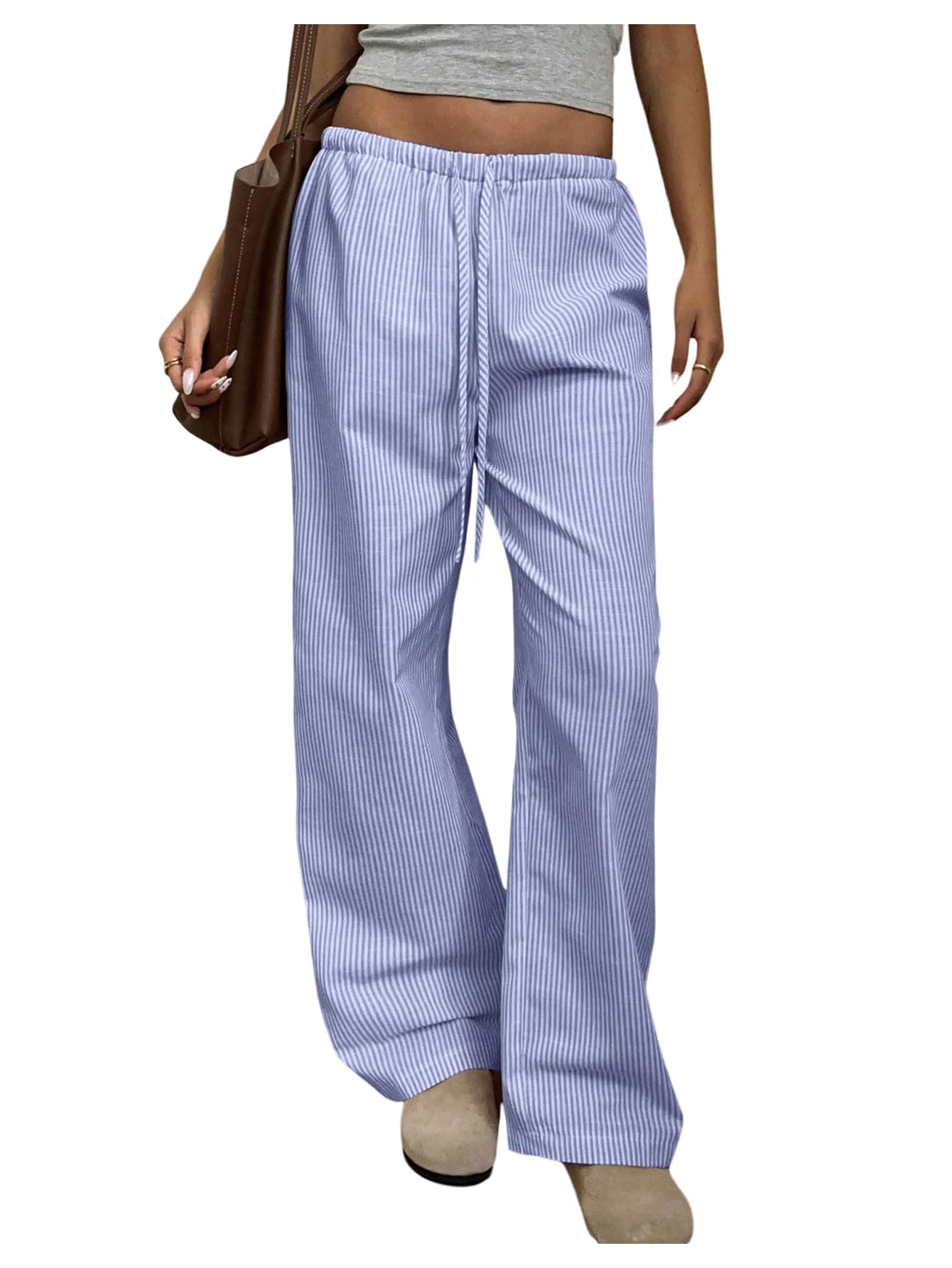SOLY HUX Womens Striped Baggy Pants Drawstring Low Rise Wide Leg Long Pants Lounge Trousers