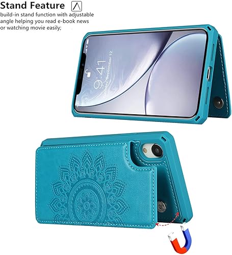 Miniatura 5 de iCoverCase Funda compatible con iPhone XR con tarjetero para mujer, con bloqueo RFID en relieve, piel sintética con correa de muñeca (azul mandala)