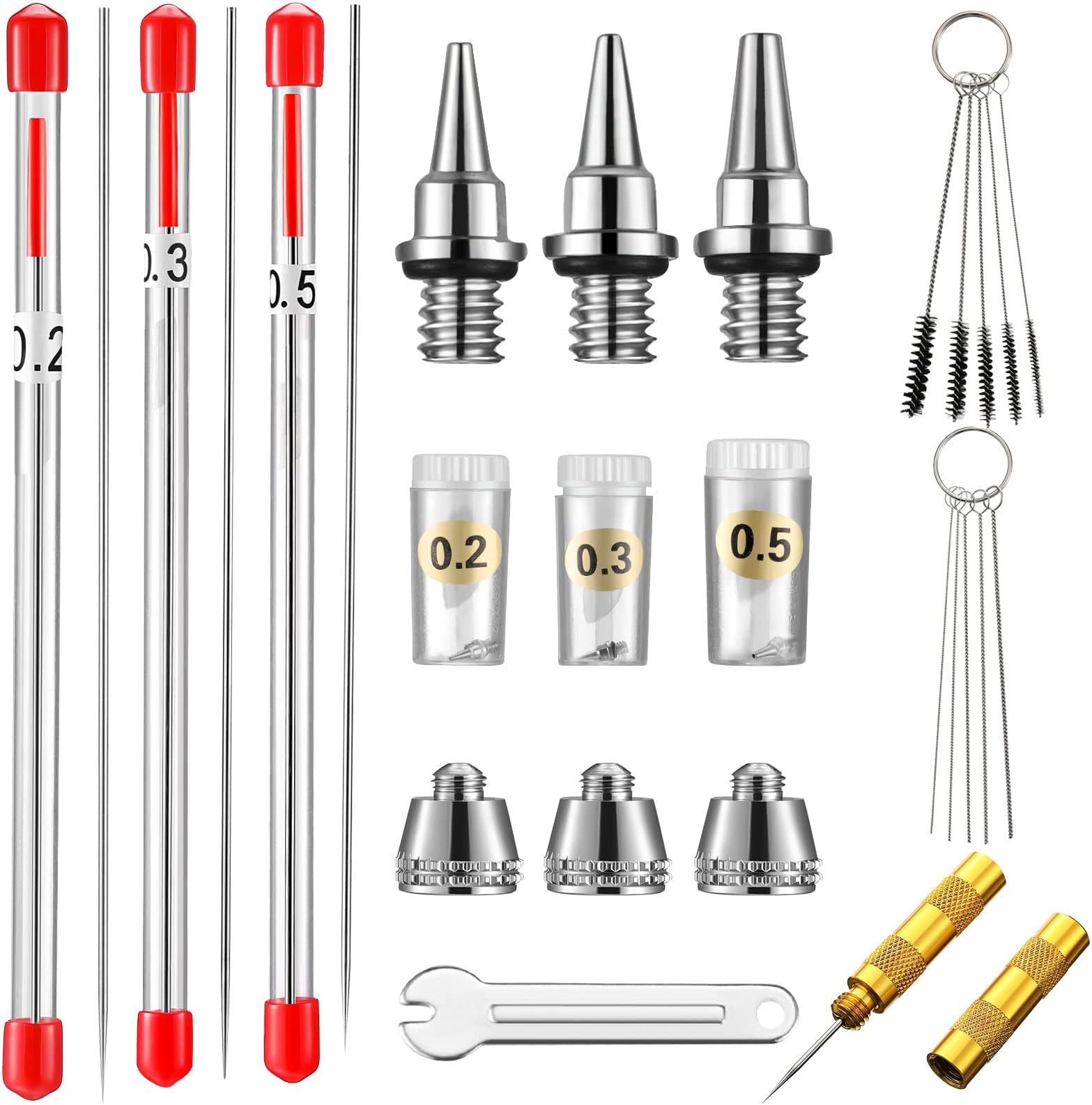 21 Pieces Airbrush Nozzle Cap Kit Airbrush Needle Replacement Parts Airbrush Needles with Wrench and Airbrush Cleaning Kit Replacement Part for Airbrush Sprayer Accessories, 0.2/0.3/0.5 mm