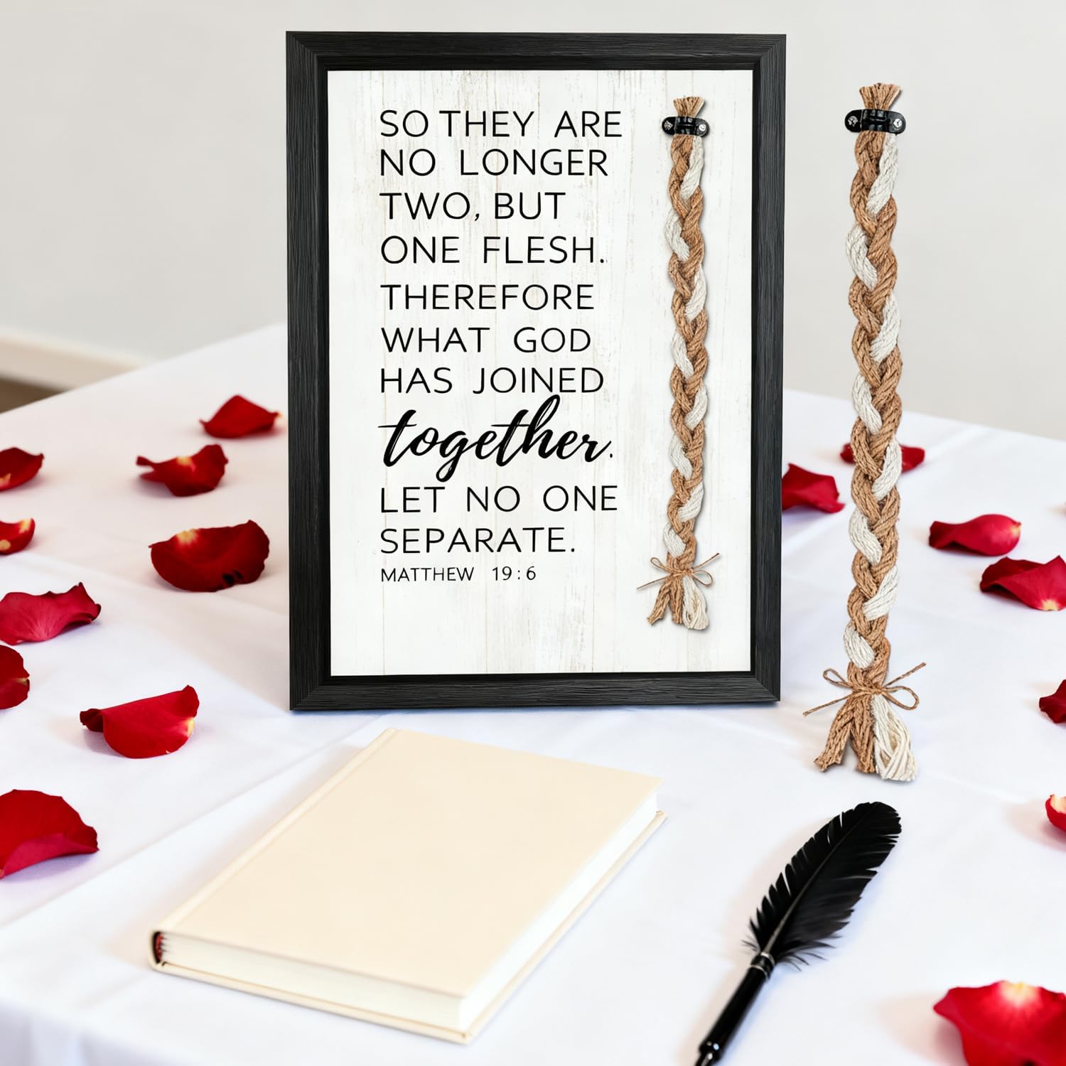 Christian Wedding Sign 10"x15" Cord of Three Strands Unity Ceremony Decor Matthew 19:6 Scripture Wall Art Wooden Farmhouse Wedding Table Decor Christian Wedding Gift for Couple or Anniversary Black