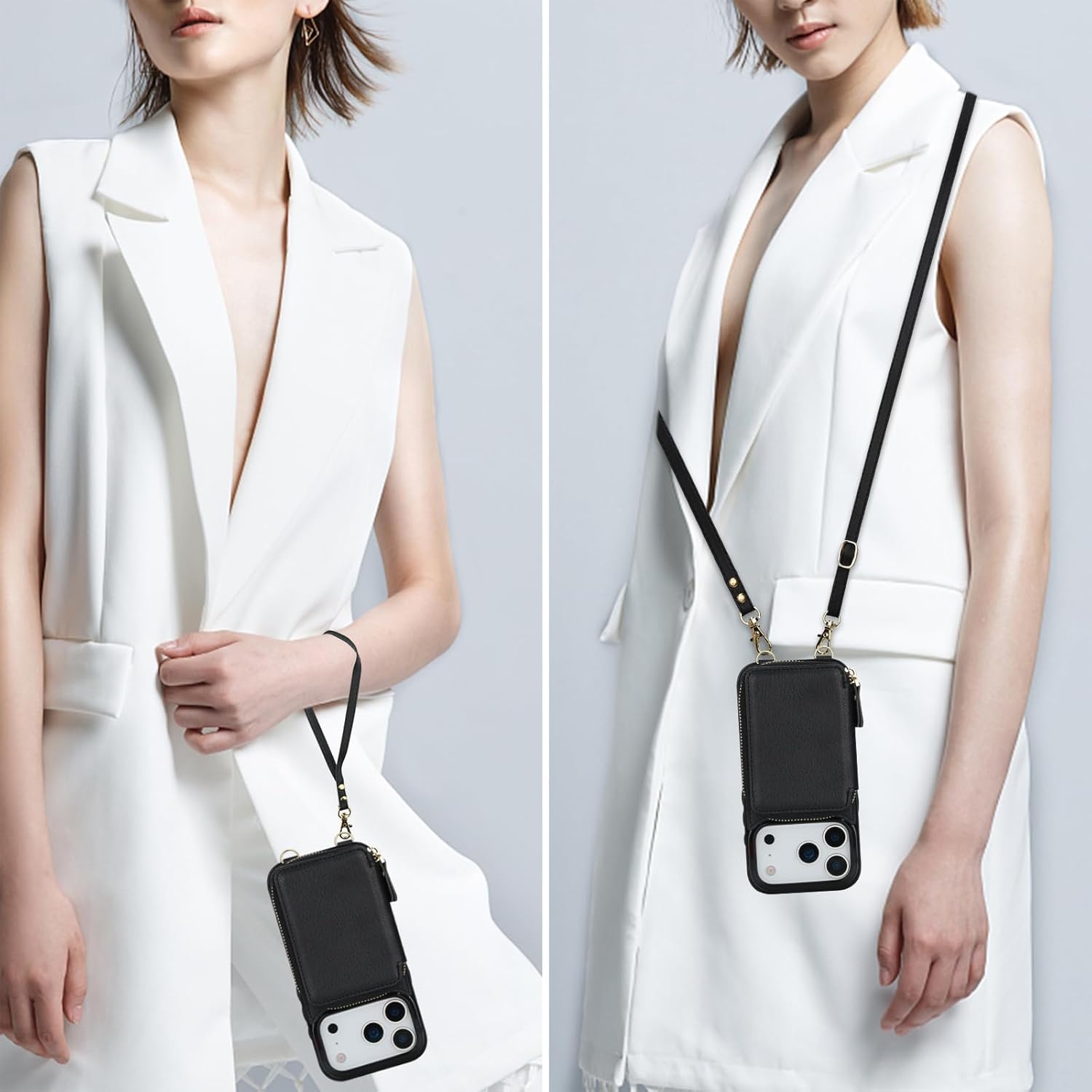 Bocasal RFID Blocking Wallet Case for iPhone 17 Pro, Adjustable Crossbody Zipper Purse Case Card Holder with Kickstand Detachable Wrist Strap, PU Leather Flip Folio Case 6.3 Inch 5G (Black)