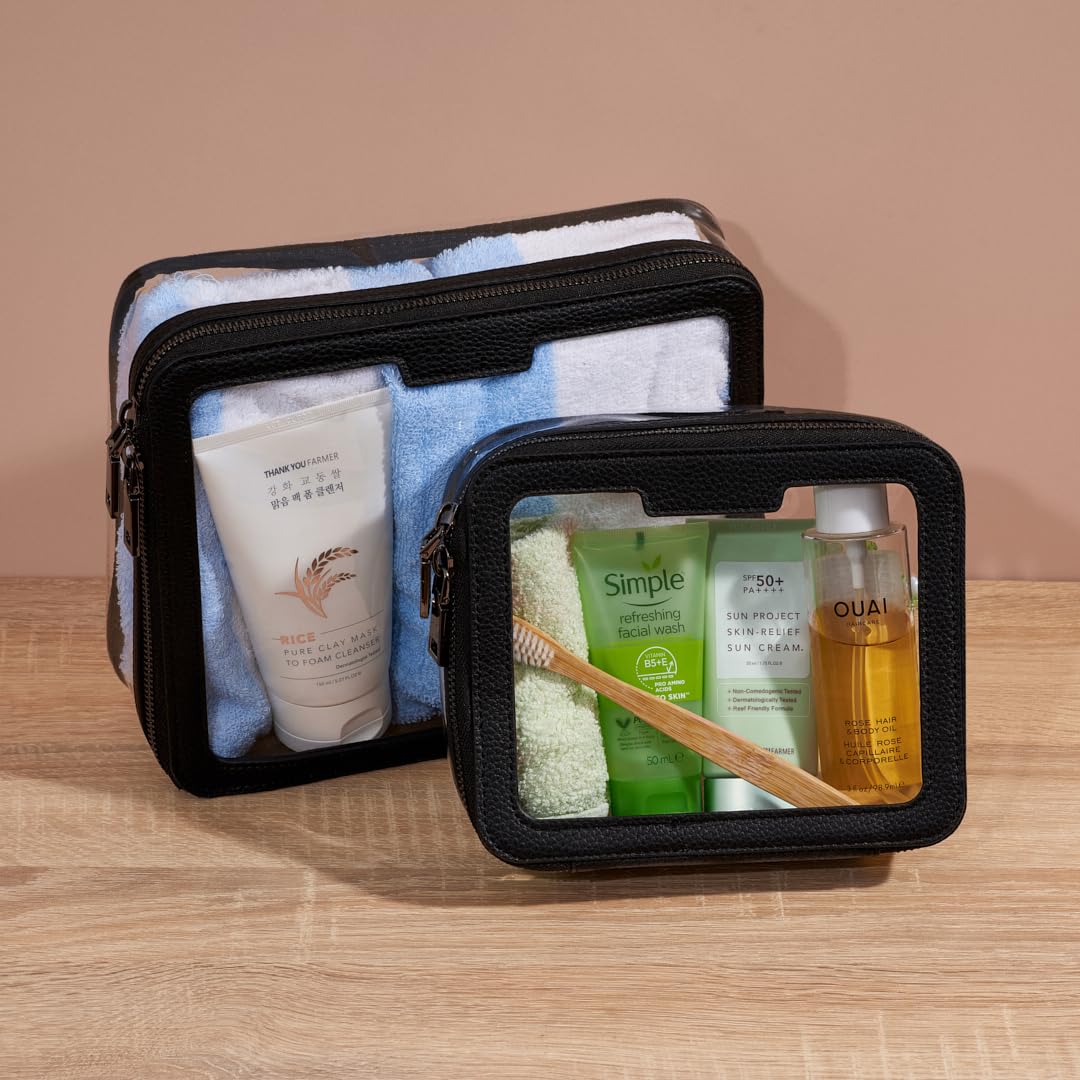 Duo, wasserdichtes Kulturbeutel, Reise-Set, transparenter PVC-Reißverschluss, Kosmetik-Organizer und Make-up-Tasche, 2 Stück, groß und klein, veganes Leder, schwarze Taschen für Damen und Herren