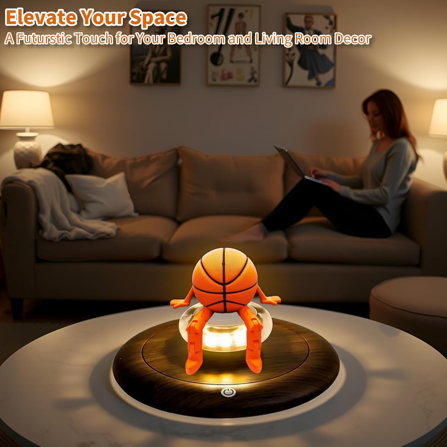 Levitating Display, Magnetic Levitation Display Stand Levitating Desk Decor for Miniature Sport Balls 360° Floating Rotating Sports Figurines for Home Office, Teens Boys (Basketball)