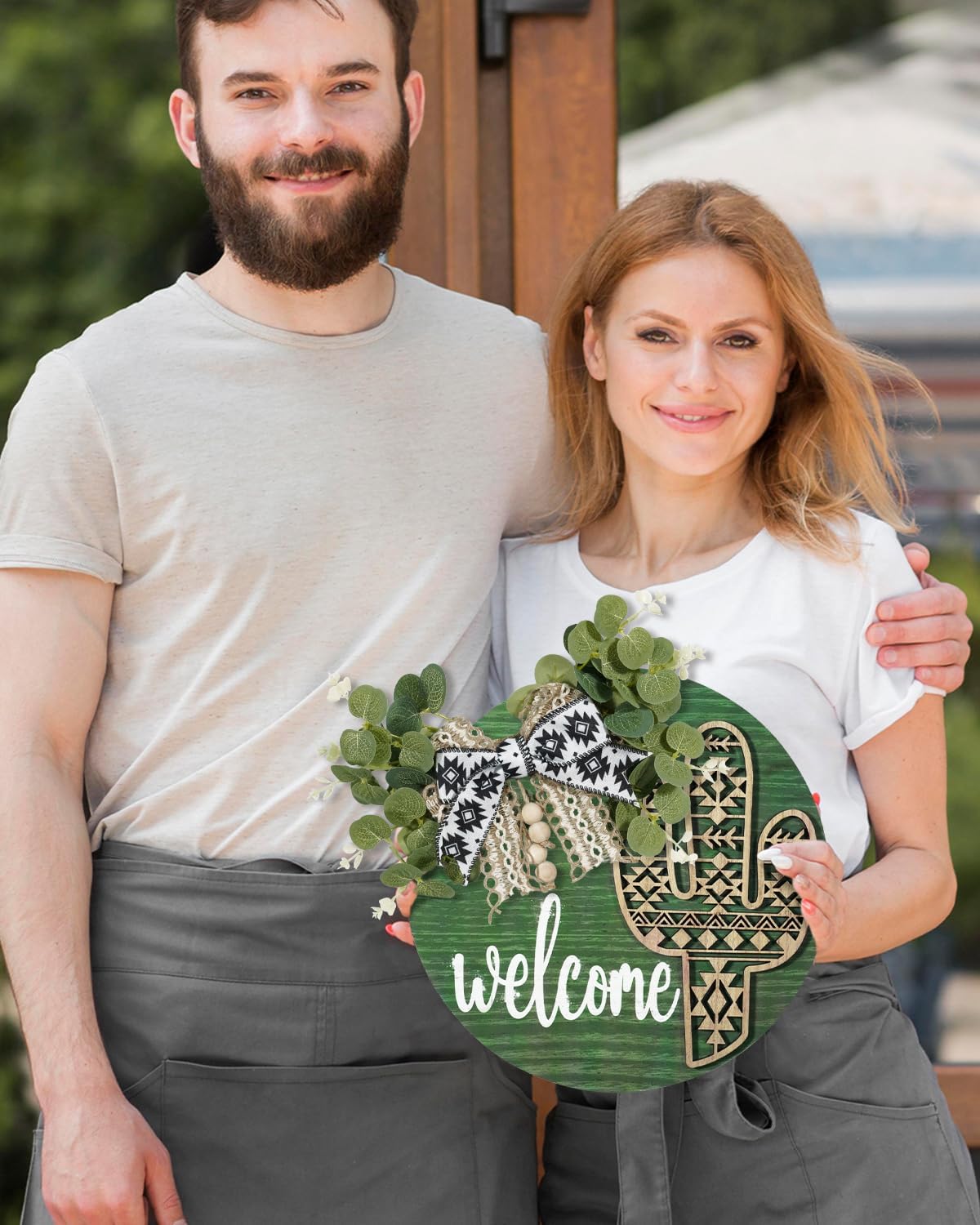 Putuo Decor Western Aztec Welcome Door Sign 12-Inch Round Wooden Wreath for Front Door, Ideal for Outdoor Wall Hanging, Farmhouse, Porch, Suitable for All Seasons, Perfect Housewarming Gift (Cactus)