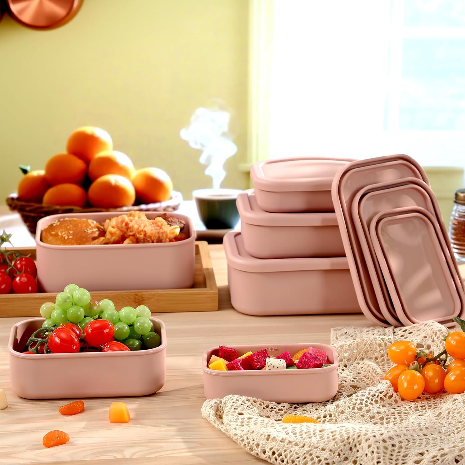 Blushtier 2 Sets of 6 Silicone Food Storage Containers with Lid Silicone Bento Box Rectangular Lunch Box Hard Shell Containers Microwave Dishwasher Freezer Safe, 10 oz, 23.6 oz, 44 Ounce(Pink)