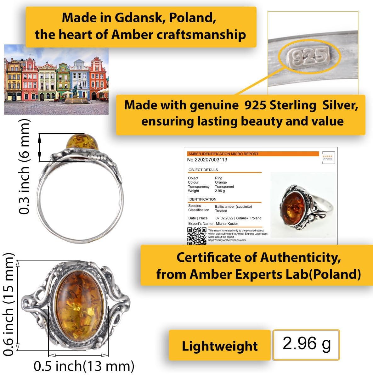 HolidayGiftShops Baltic Honey Amber Ring for Women in 925 Sterling Silver, Genuine Natural Amber Jewelry, Elegant Everyday Ring - Image 3