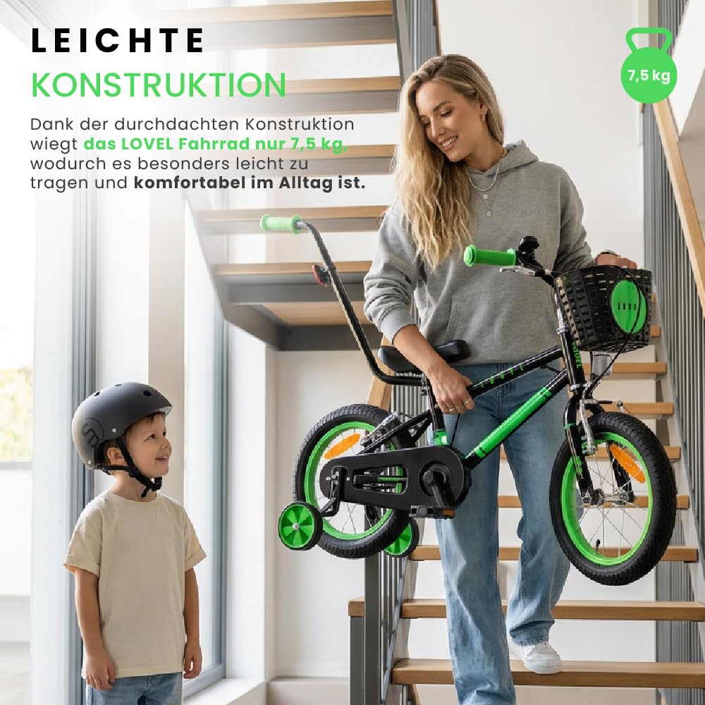 sun baby Kinderfahrrad 14/16 Zoll LOVEL - Mädchenfahrrad und Jungenfahrrad, 3-6 Jahre, max. 50 kg - Korb, Klingel, Kettenschutz
