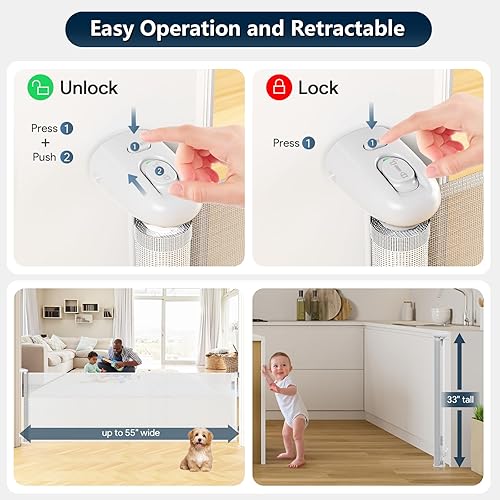 Miniatura 5 de Puertas retráctiles para bebé, puerta de seguridad de malla resistente, 33 pulgadas de alto que se extiende hasta 55 pulgadas de ancho, puerta