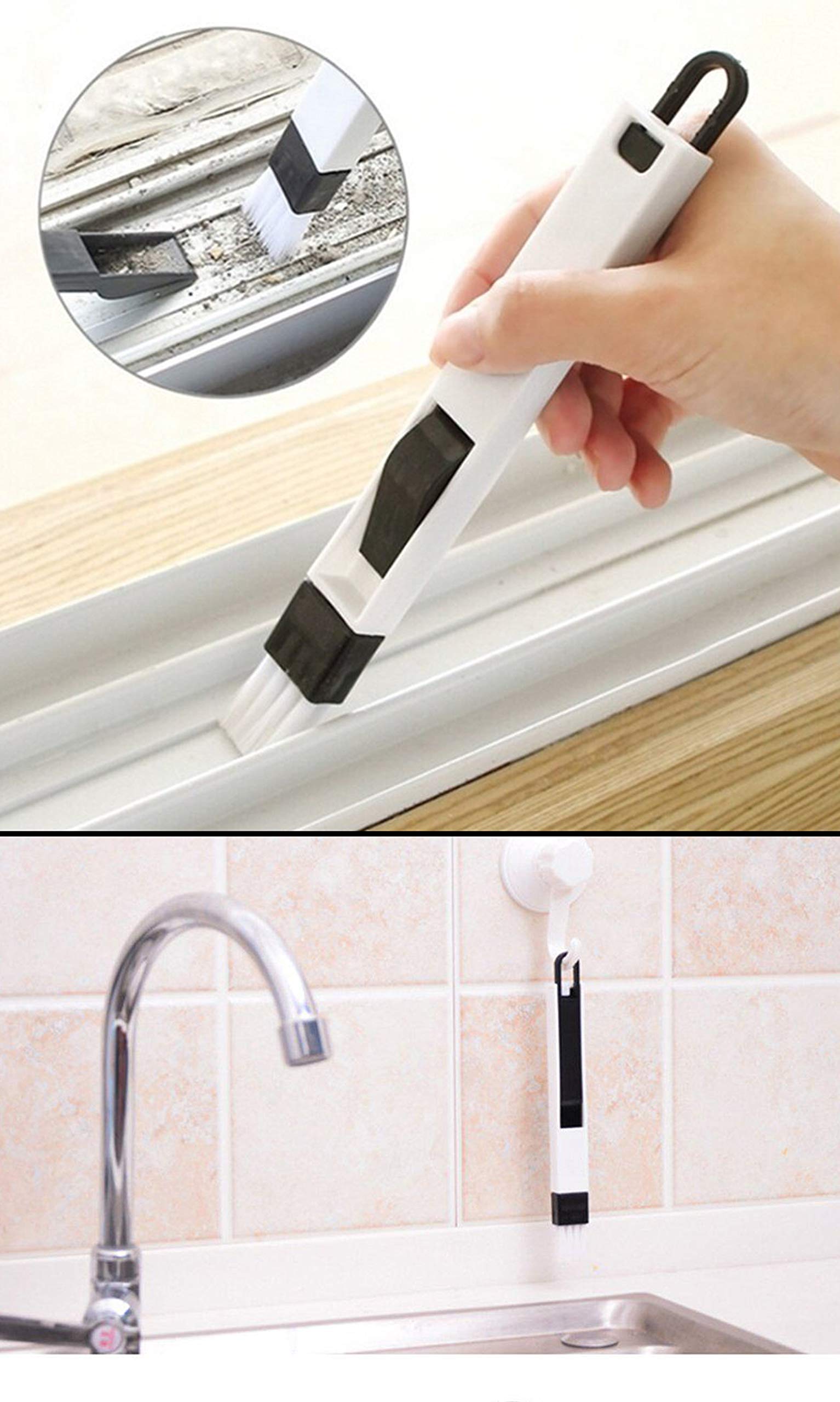 MEZON Plastic Multipurpose Kitchen Bathroom Door Window Groove Cleaning Brush Grooves Keyboard Small Brush with Dustpan Crevice Brush (Black-White) 3