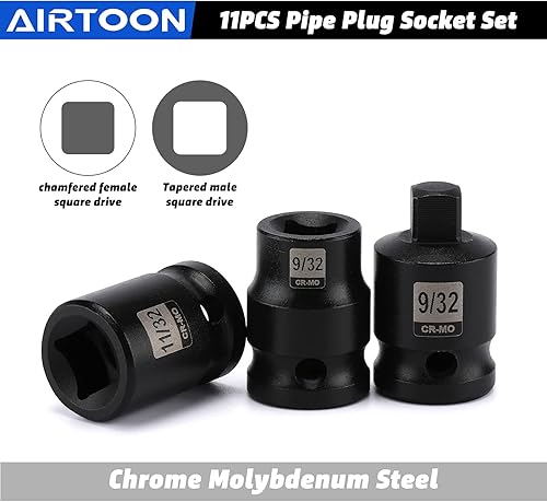Miniatura 4 de AIRTOON Juego de enchufes de tubo de transmisión de 38", 11 piezas, SAE, CR-MO, unidad cuadrada macho cónica, unidad cuadrada hembra biselada