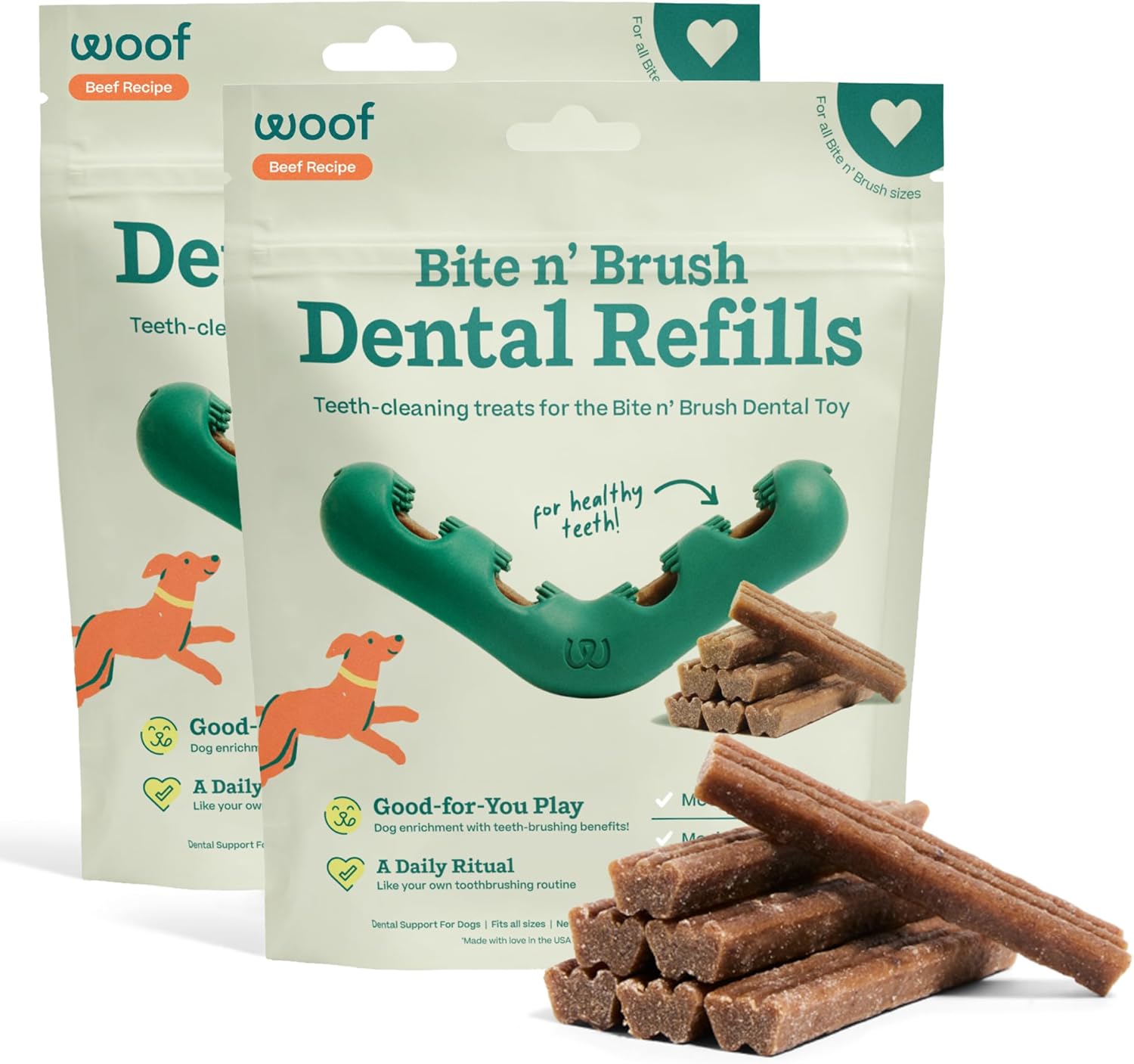 WOOF - Bite n' Brush Refills Treats for the Dog Toothbrush Toy - Scrub Plaque and Tartar from Your Dog's Teeth and Mouth - Dog Dental Sticks - 36 Refills - Beef - 2 Pack