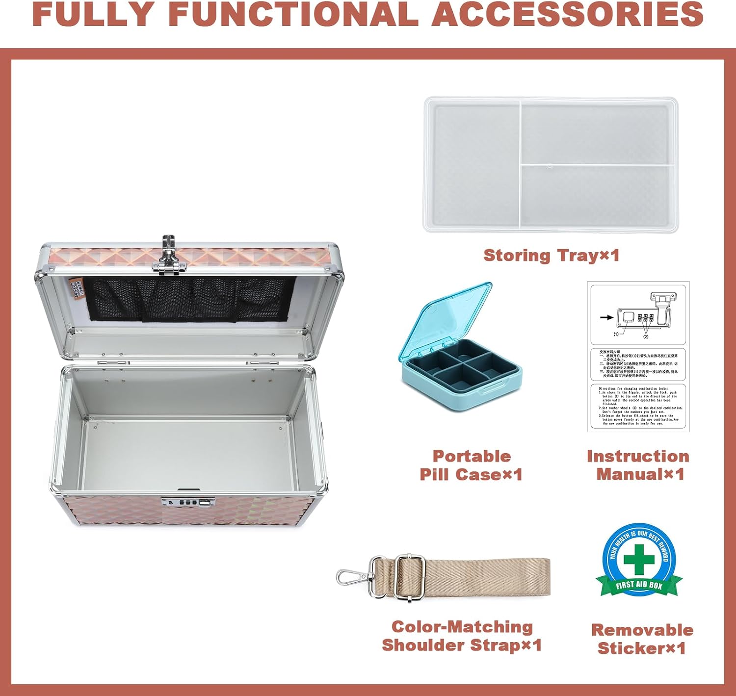 Storage Lock Box with Combination Lock, Lockable Medicine Storage Box, Empty First Aid Box, Security Lock Box, Multipurpose Locking Box for Home and Outdoor Use (Champagne, Large) image 3