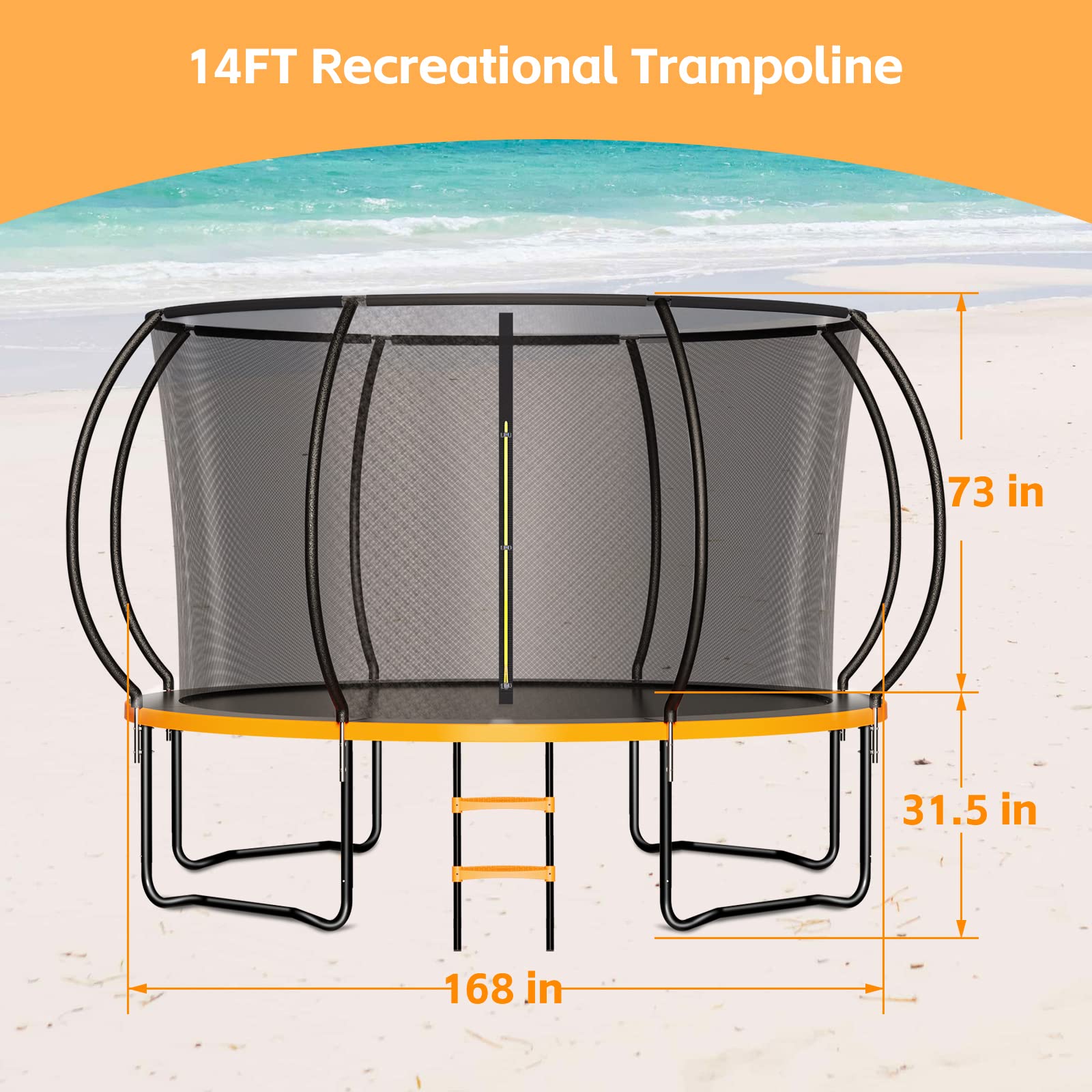 Zevemomo Outdoor Trampoline for Kids and Adults, 12FT 14FT Trampoline with Curved Poles Reinforced Enclosure, Recreational Trampolines with Ladder & Enclosure Net