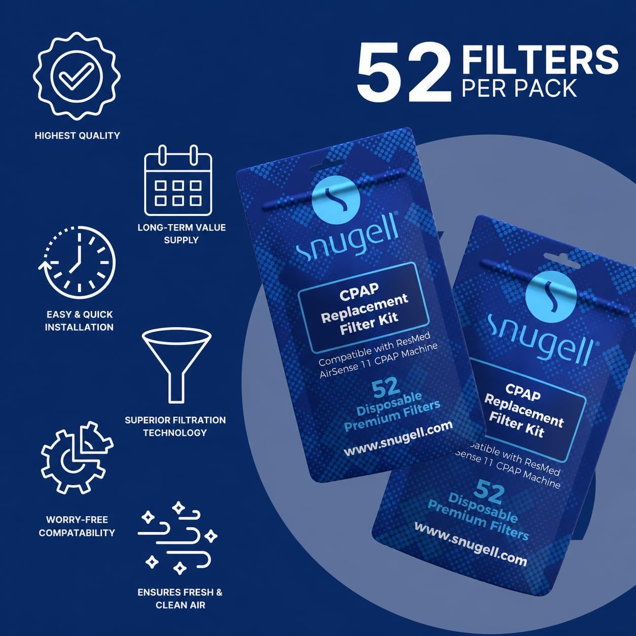 Snugell Disposable CPAP Filters – Compatible with AirSense 11 Machines – 52-Pack – Travel-Friendly Design, and Easy Installation for Home and Travel Use