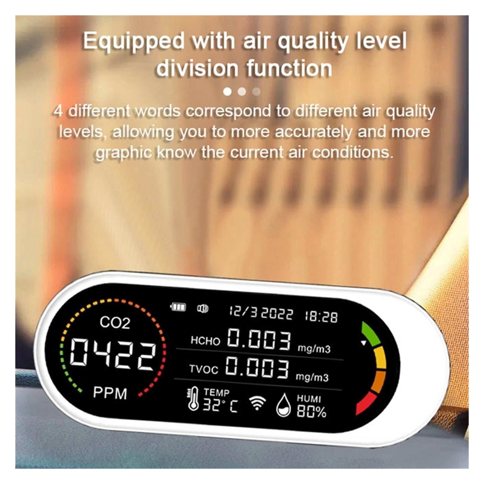 Misuratore Qualità dell'aria, Rilevatore di qualità 'aria 5 in 1 TVOC HCHO Misuratore di CO2 Anidride carbonica Test di umidità a temperatura Monitor a qualità 'aria per Casa Cucina Ufficio Auto