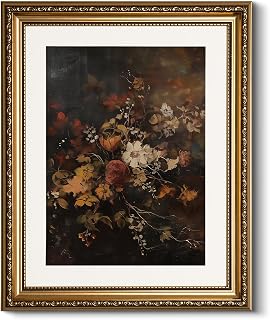 Vintage Floral Still Life Painting Classic Gold Framed Wall Art, Baroque Style Flower Oil Painting Print, Elegant Living Room Office Home Decor (13x16 inch)