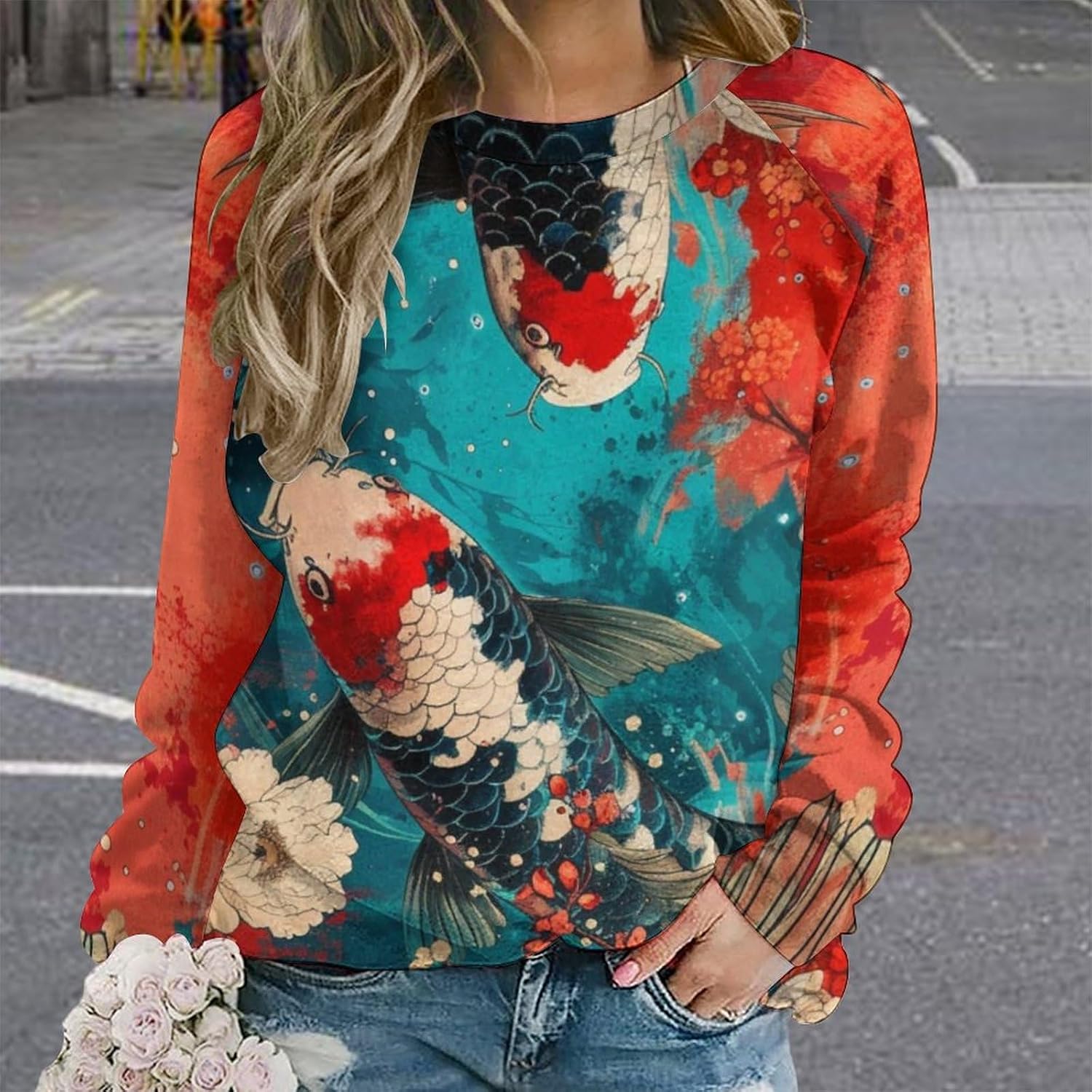 domirica Sweatshirts for Women Blue Wave With Cat Print Fashion Political Ladies Crewneck Casual Cotton Trendy Sweater