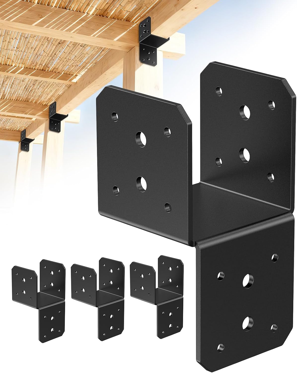 4 Pack Heavy-Duty Post Cap Tie Brackets- 4x4 Post Anchor & Joist Connector Kit Without Screws, Secure Wood Beam to Decks, Gazebos, Porches (Black-4 Pcs)