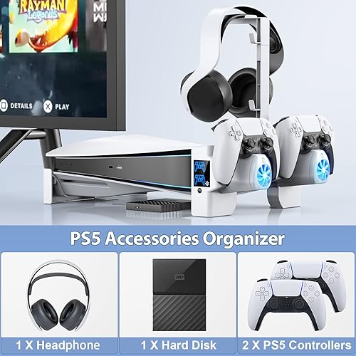 Miniatura 4 de Kytok Soporte horizontal para PS5 con adaptador de CA ventiladores de refrigeración PS5 de 3 niveles y estación de carga de controlador PS5 para