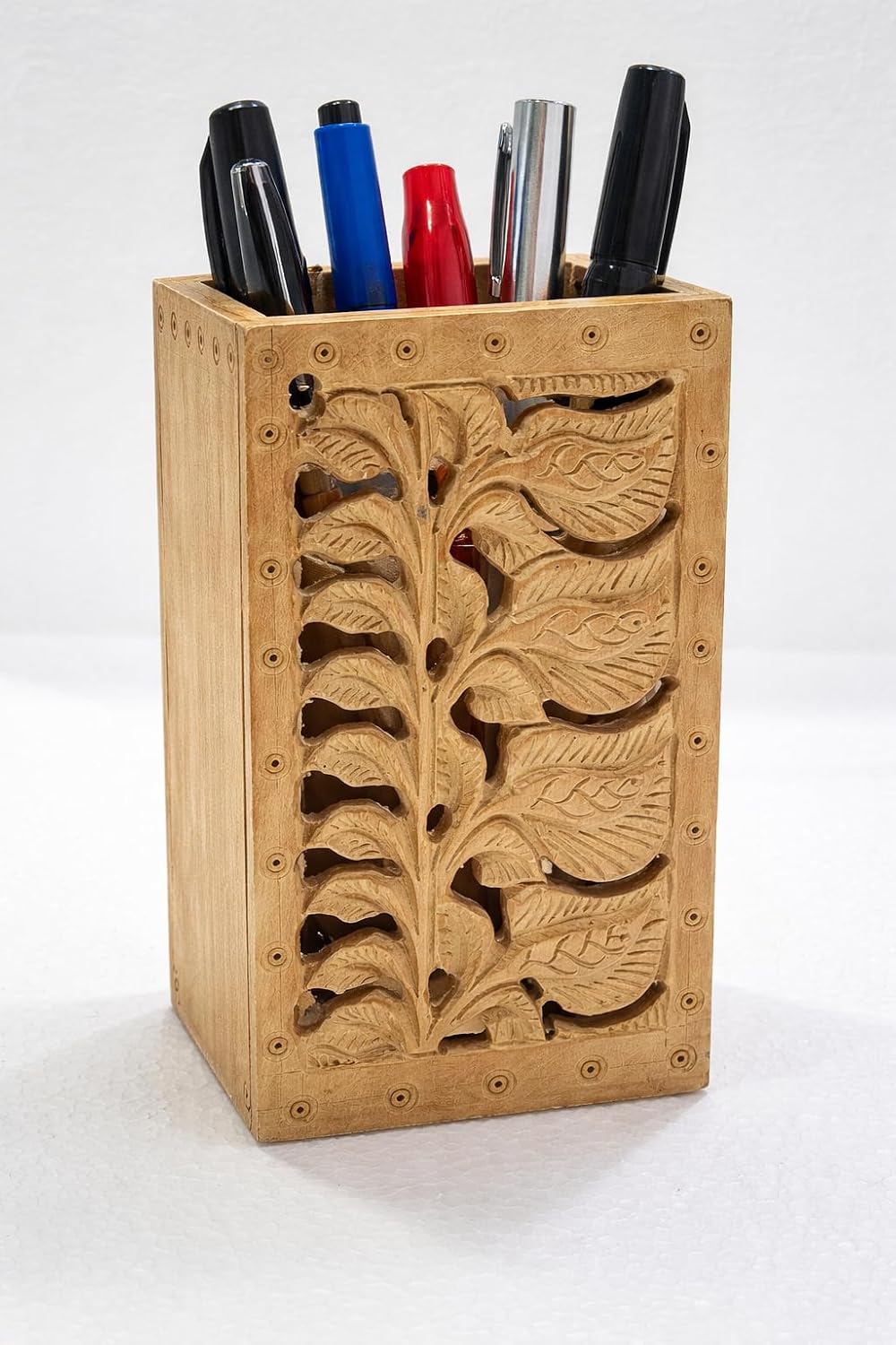 LEELA HANDICRAFT - Art & Craft Hand-Carved Wooden Pen Stand | Handmade Desk Organizer & Office Accessories Holder (15 cm)