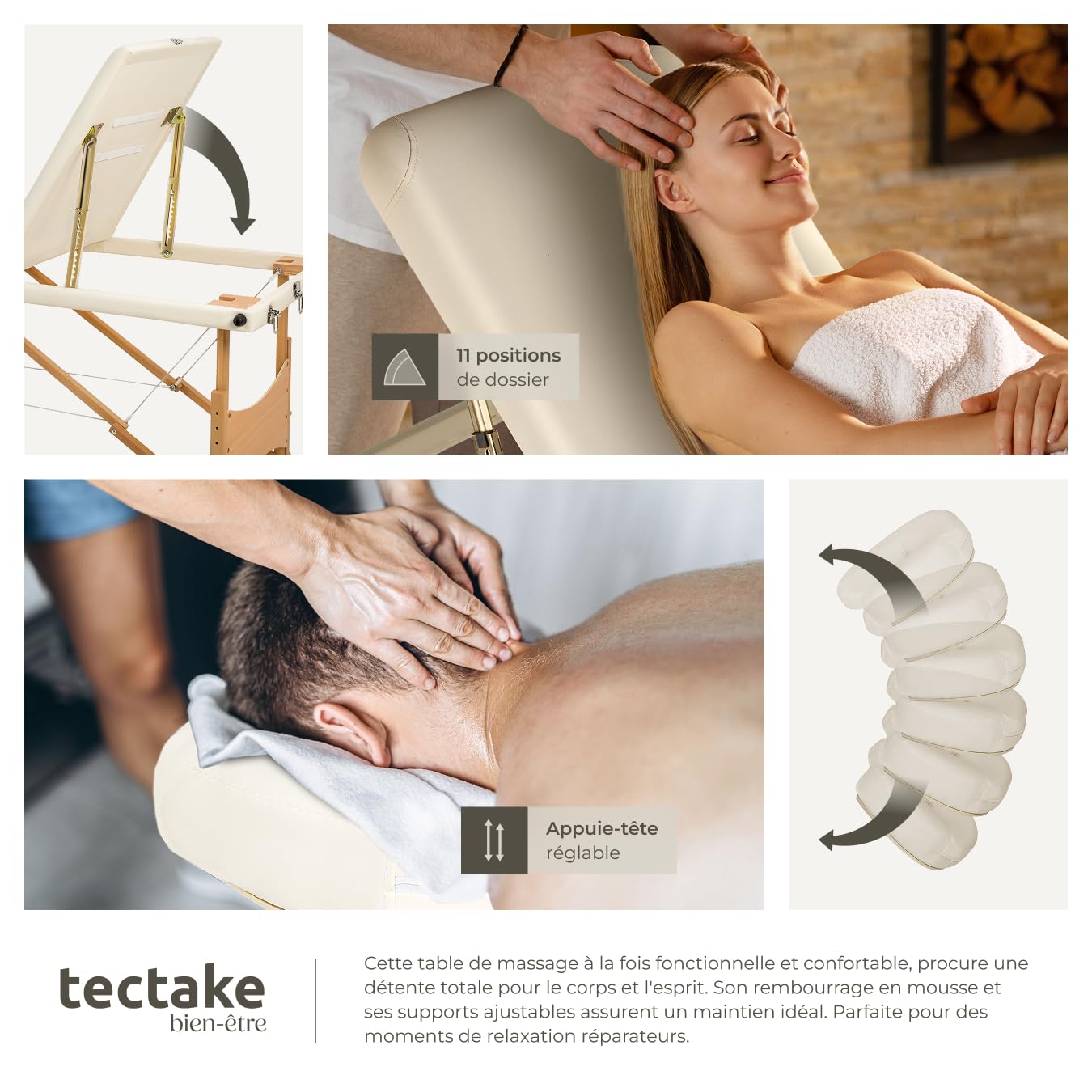 tectake® Table de Massage Pliante Professionnelle 3 Zones Massage et Relaxation Bois Table Esthetique Professionnel Cosmetique Lit de Massage Portable Repose Bras & Housse de Transport - Beige