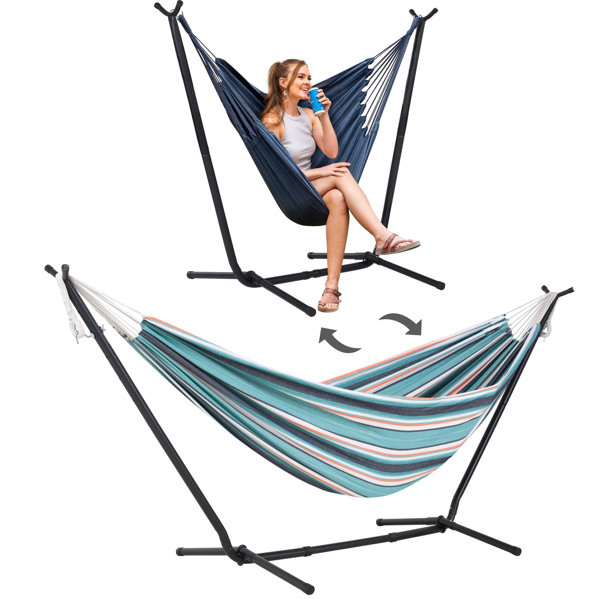 SUNCREAT 2-in-1 Convertible Backyard Hammock with Stand, Green &amp; Orange