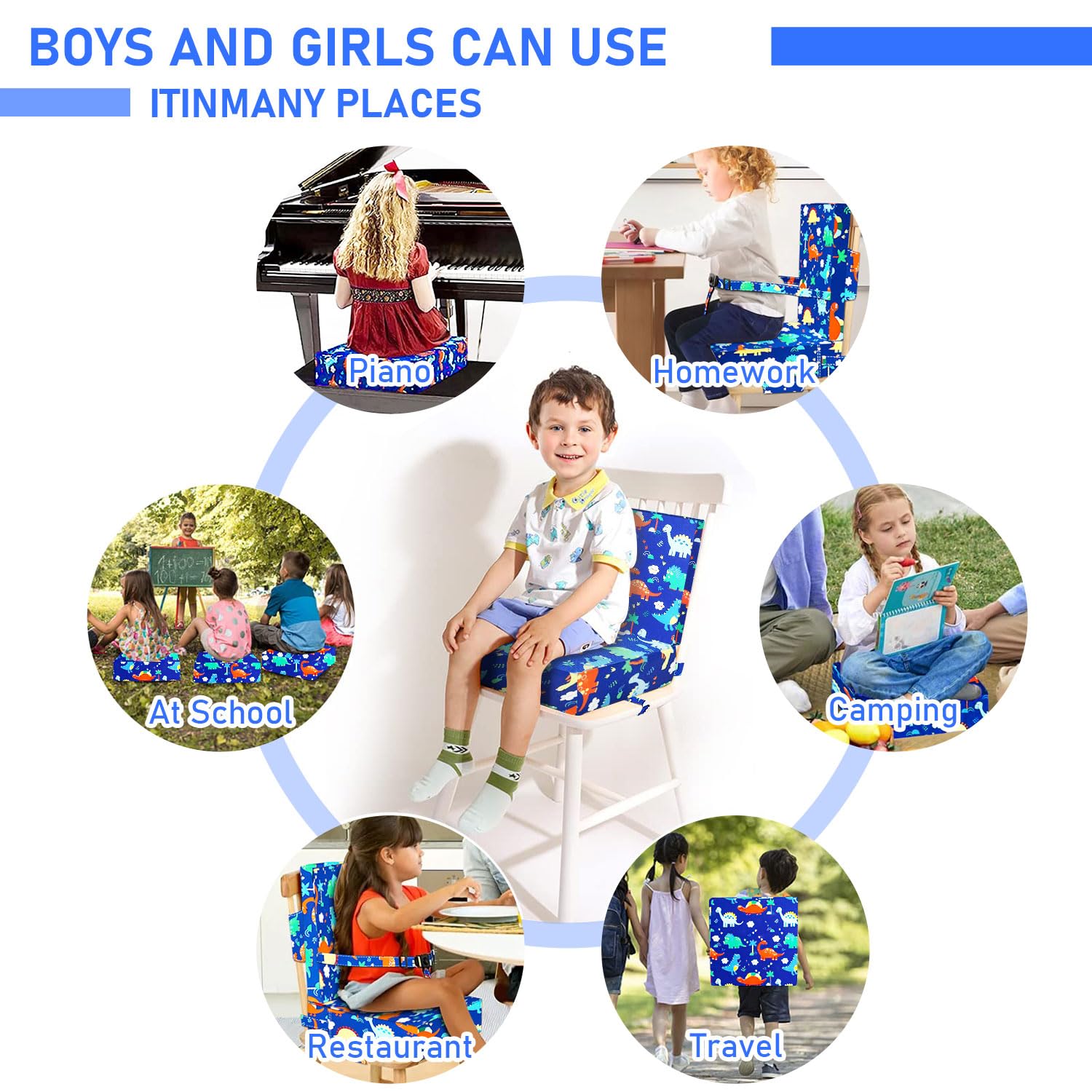 Sitzerhöhung Stuhl Dicken Booster Sitze Wasserdicht Mit Sicherheits Schnalle Anti Rutsch Boden Waschbar Weich Kinder Esstisch Rückenlehne Tragbare Reise Erhöhen Kissen(Double Dinosaurier Blau)