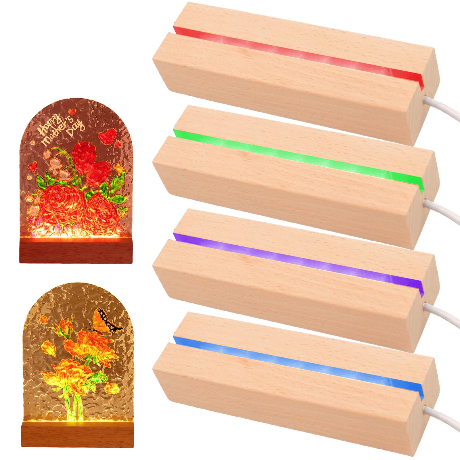 BAIFULAI Base LED, 4 pezzi da 15 cm, base in legno a 7 colori, base luminosa, base illuminata con interruttore USB, colore regolabile, base per display di luci per blocchi di vetro, cristalli, vetro