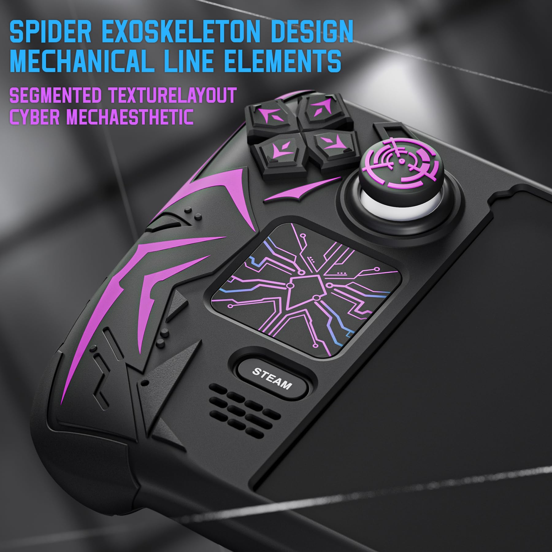 playvital Cyber Spider Schutzhülle für Steam Deck LCD & OLED, rutschfeste Silikonhülle mit Rücktasten-Erweiterungen, Thumbstick-Kappen und Trackpad-Skins für Steam Deck, Schwarz