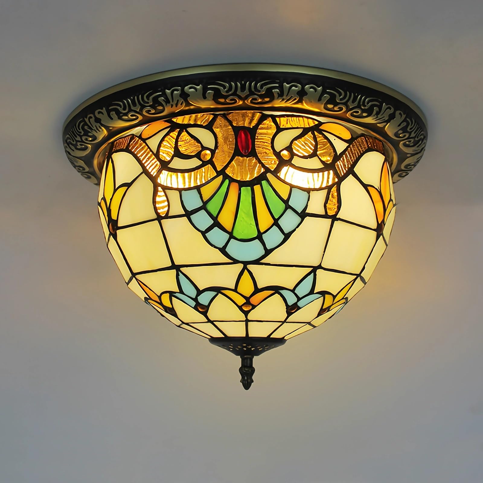 WDBZTJ Tiffany Style Ceiling Light Flush Mount, 15 inch Stained Glass Ceiling Lamp, E27 Bulb, Vintage LED Chandeliers for Living Room Bedroom(A4)
