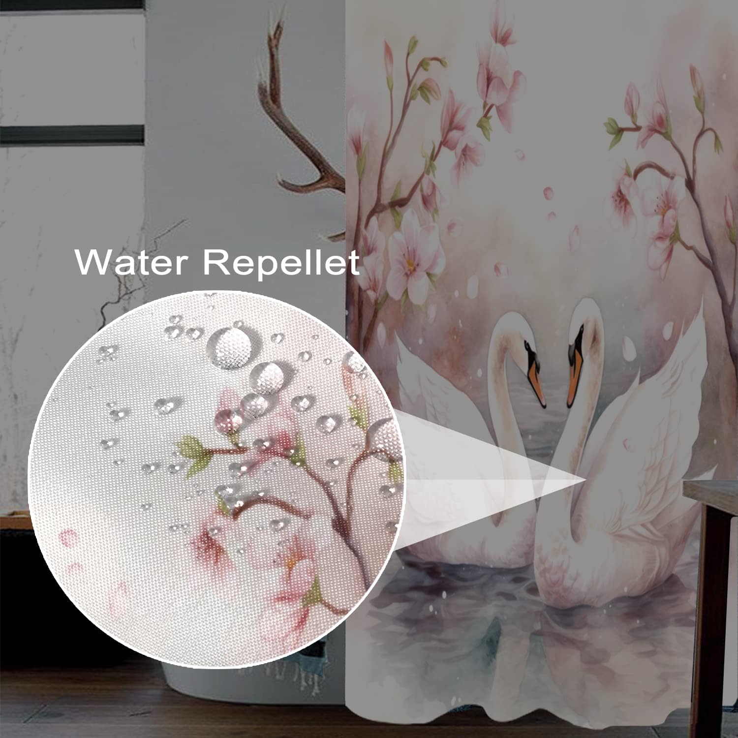 Love Swan Shower Curtain for Bathroom Pink Flowers Trees Bathtub Room Partition Door Divider Curtain Decor White Swans Water Lake River Waterproof Fabric Shower Curtains 72x72 Inches