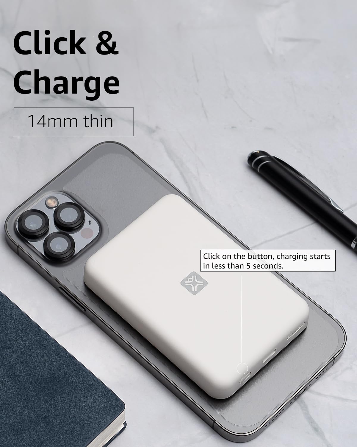 A close-up of the XtremeMac Wireless Power Bank attached to an iPhone, with an arrow pointing to the power button and text stating 'Click on the button, charging starts in less than 5 seconds'.