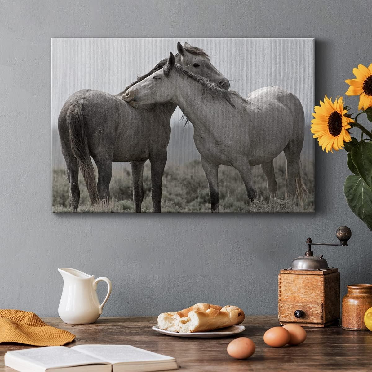 Animal Canvas Wall Art for Living Room Bathroom Bedroom Kitchen, Affection Country Horse Picture Prints House Décor Ready to Hang Modern Home Decoration, 18" H x 27" W
