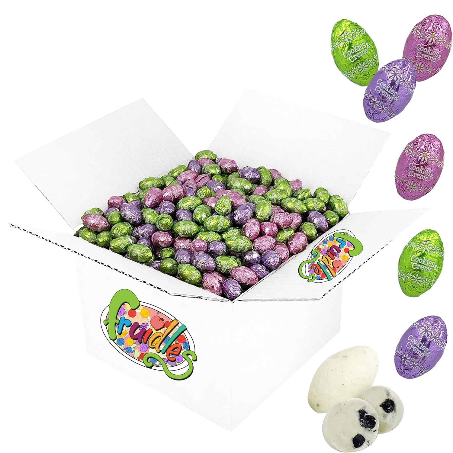 Fruidles Easter Cookies & Cream Chocolate Eggs, Multicolored Foil Wrapped Milk Chocolate in Happy Easter Egg Gift-Box (2 Pounds)