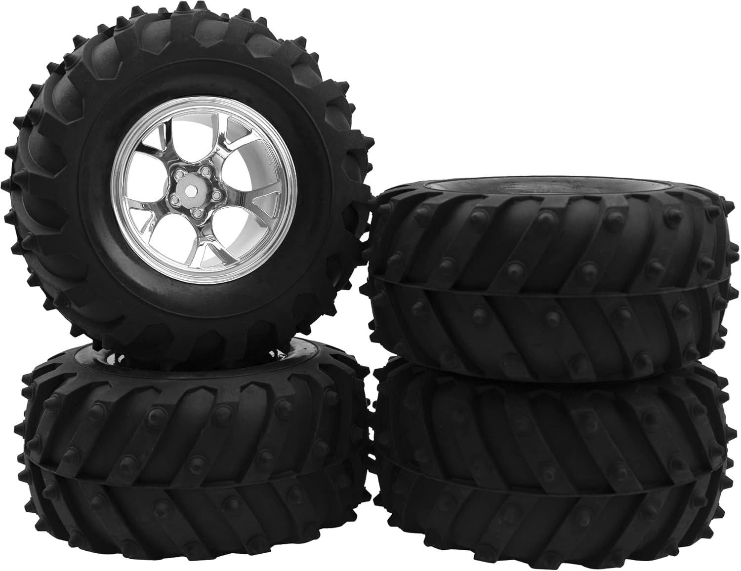 4.72''OD Rubber Tires & Wheel Rim 12mm Hex Hub Compatible with RedCat Volcano Traxxas Rustler HPI HSP Tamiya Exceed Himoto 1/10 Off-Road Monster Truck,120mmx56mm (Silver)