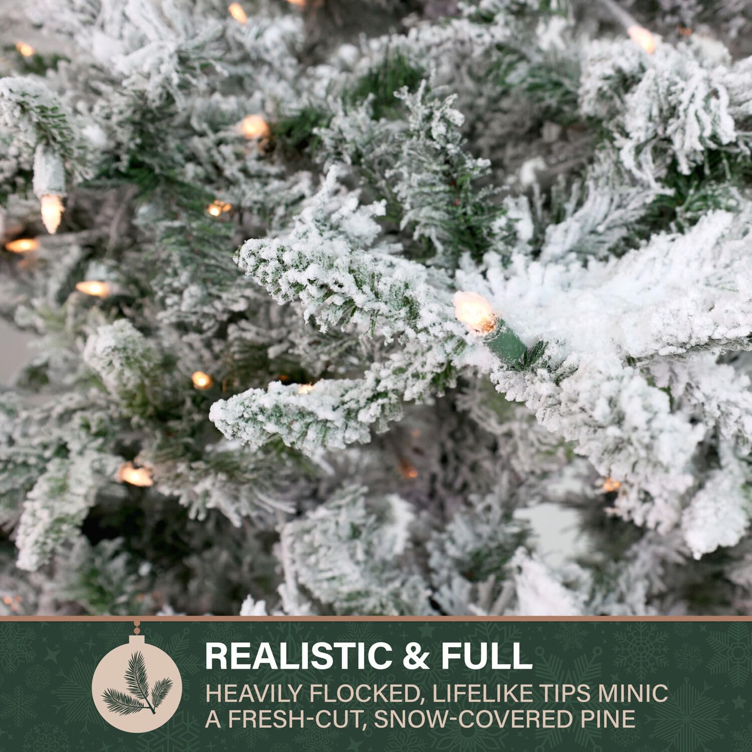 Fraser Hill Farm 9-Ft. Mountain Pine Flocked Artificial Christmas Tree with Warm White LED Lights and Stand, Prelit Foldable Fake Tree with Realistic Snowy Foliage for Home Decoration